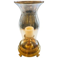 Retro American Midcentury Brass and Glass Hurricane Candleholder
