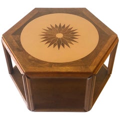 American Midcentury Brown Saltman Hexagonal End Table with Sunburst Inlay