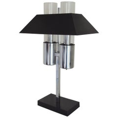 American Midcentury Chrome and Black Enamel, Twin Bulb Banker's Lamp by Raymor