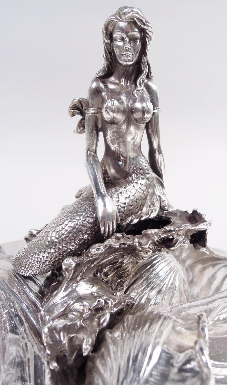 American Midcentury Classical Meerjungfrau & Jakobsmuschel Centerpiece Schale (Sterlingsilber) im Angebot