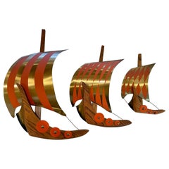 Vintage American Midcentury Decorative Wall Hanging Viking Ships in Oak and Brass