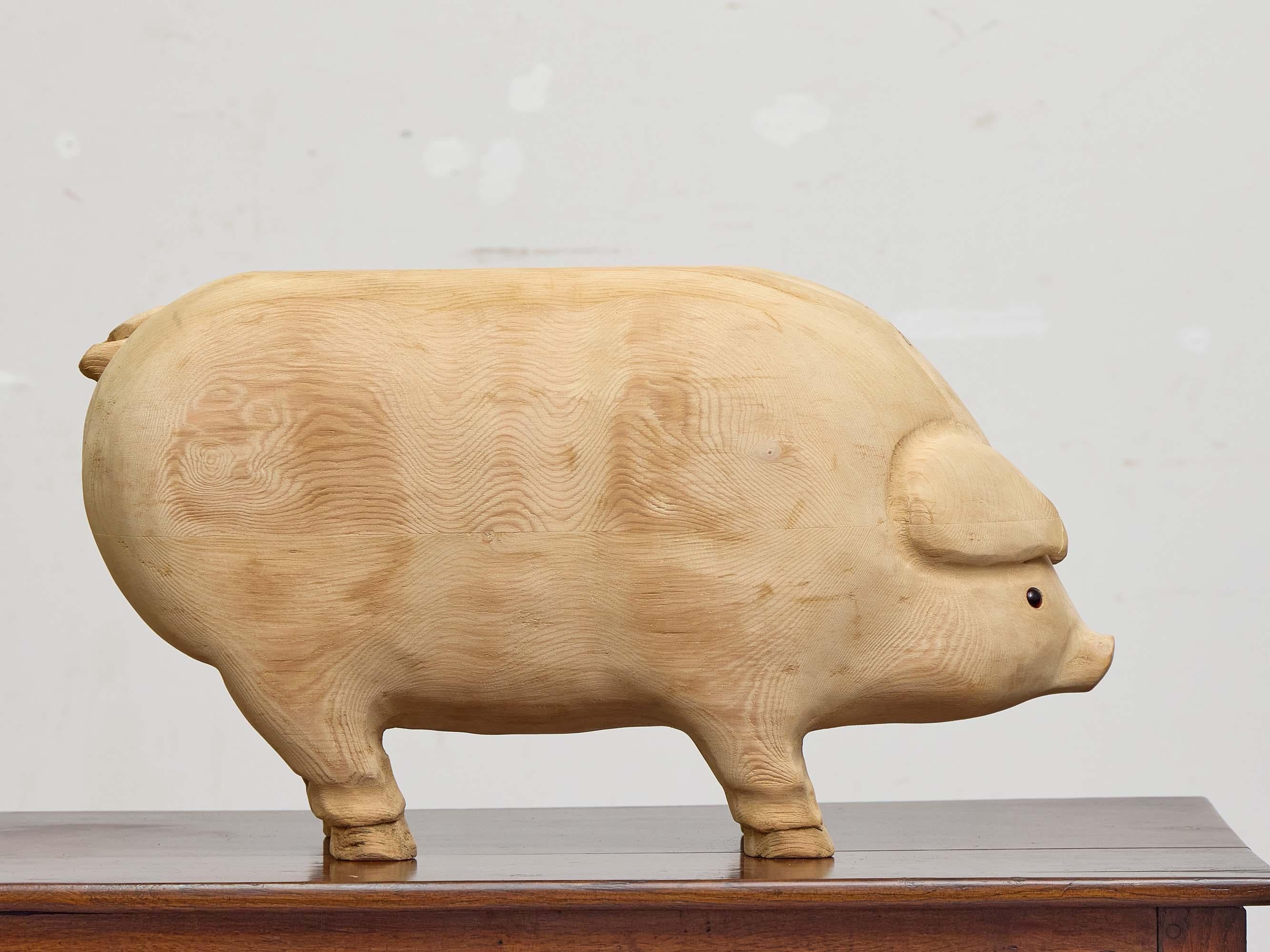 Hand-Carved American Midcentury Folk Art Style Carved Pine Pig Sculpture, circa 1950 For Sale