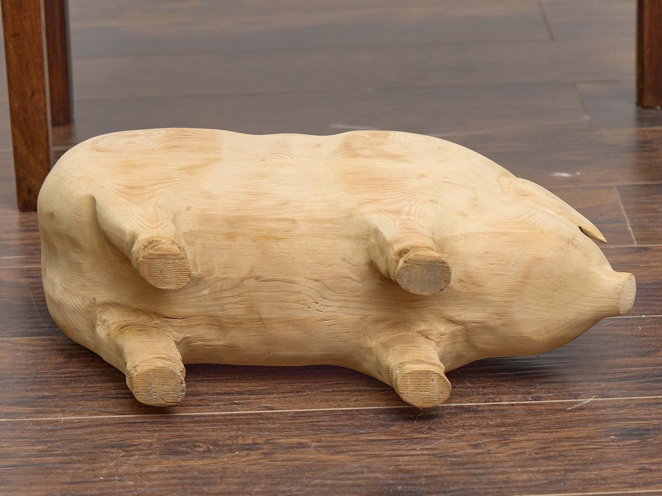 American Midcentury Folk Art Style Carved Pine Pig Sculpture, circa 1950 In Good Condition For Sale In Atlanta, GA