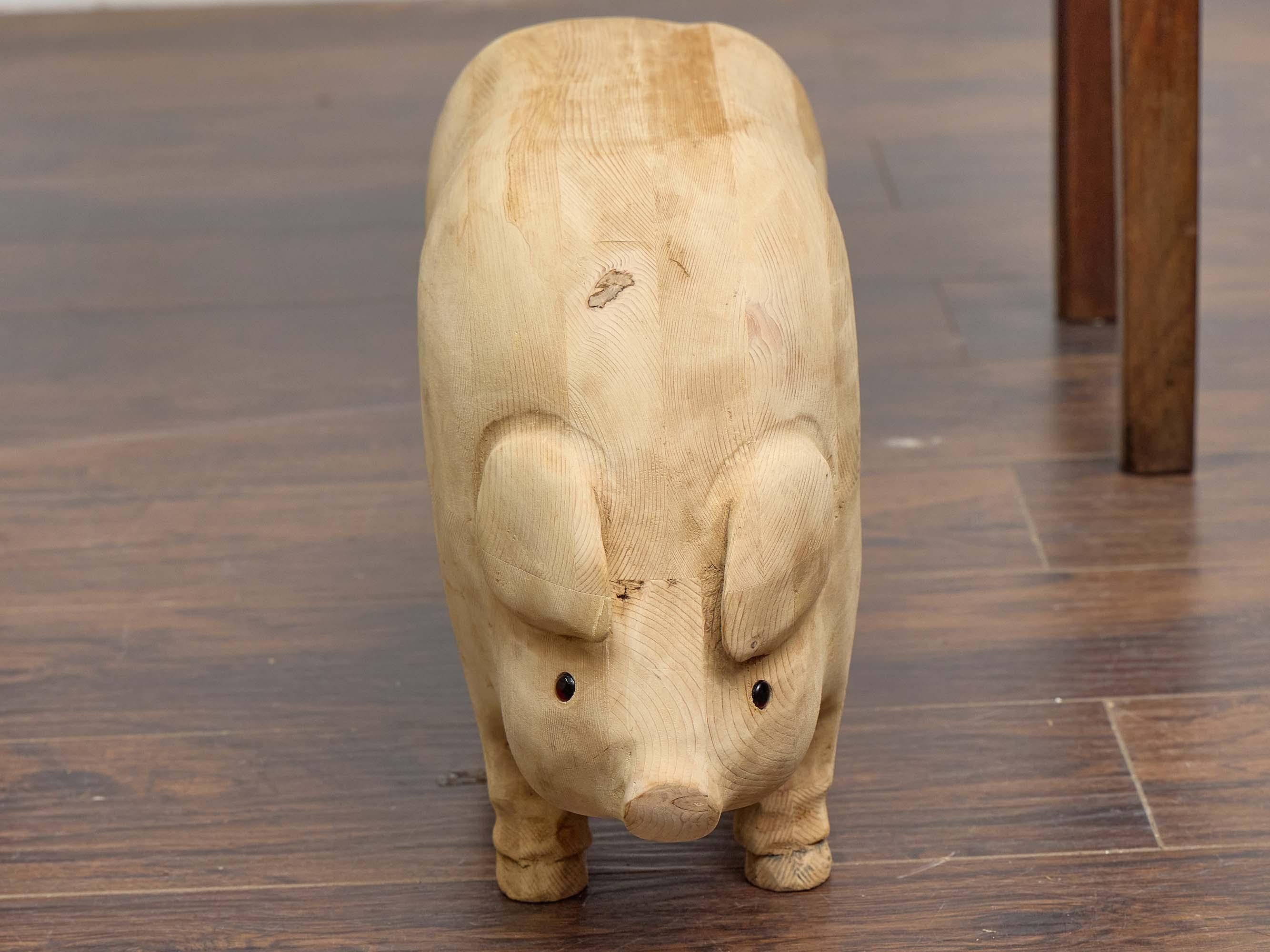 American Midcentury Folk Art Style Carved Pine Pig Sculpture, circa 1950 For Sale 1