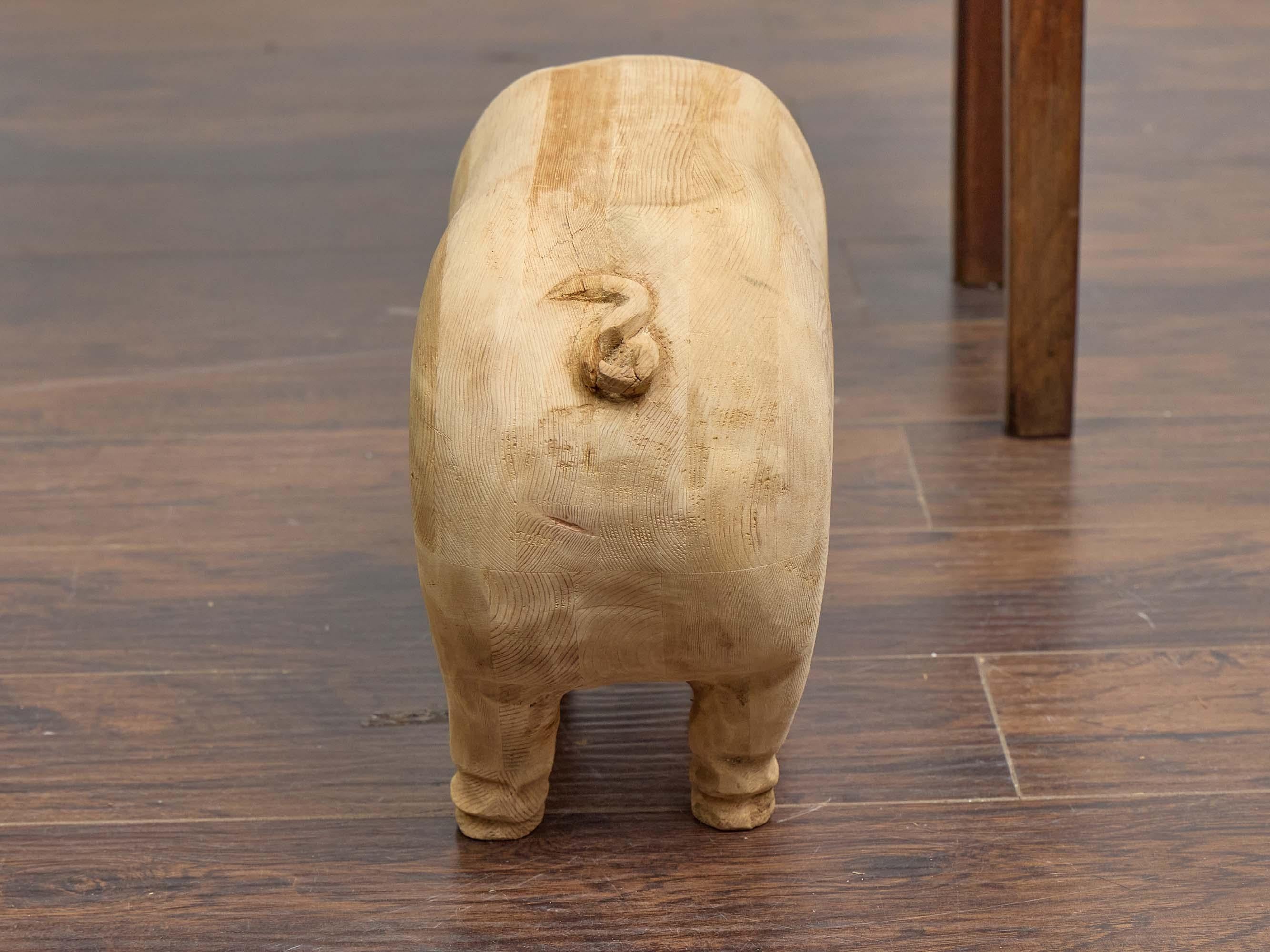 American Midcentury Folk Art Style Carved Pine Pig Sculpture, circa 1950 For Sale 2