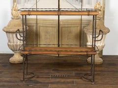 American Midcentury Metal and Wood Two-Tiered Shelving Unit with Twisted Motifs