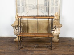 American Midcentury Metal and Wood Two-Tiered Shelving Unit with Twisted Motifs