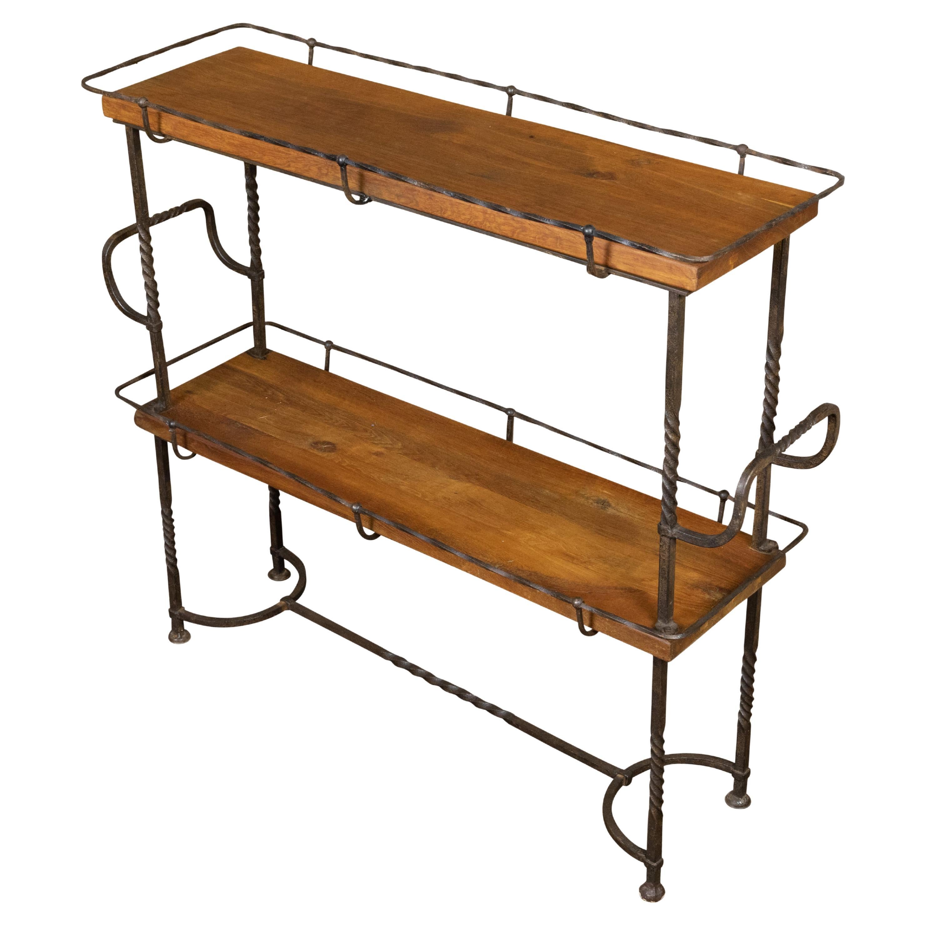 American Midcentury Metal and Wood Two-Tiered Shelving Unit with Twisted Motifs For Sale