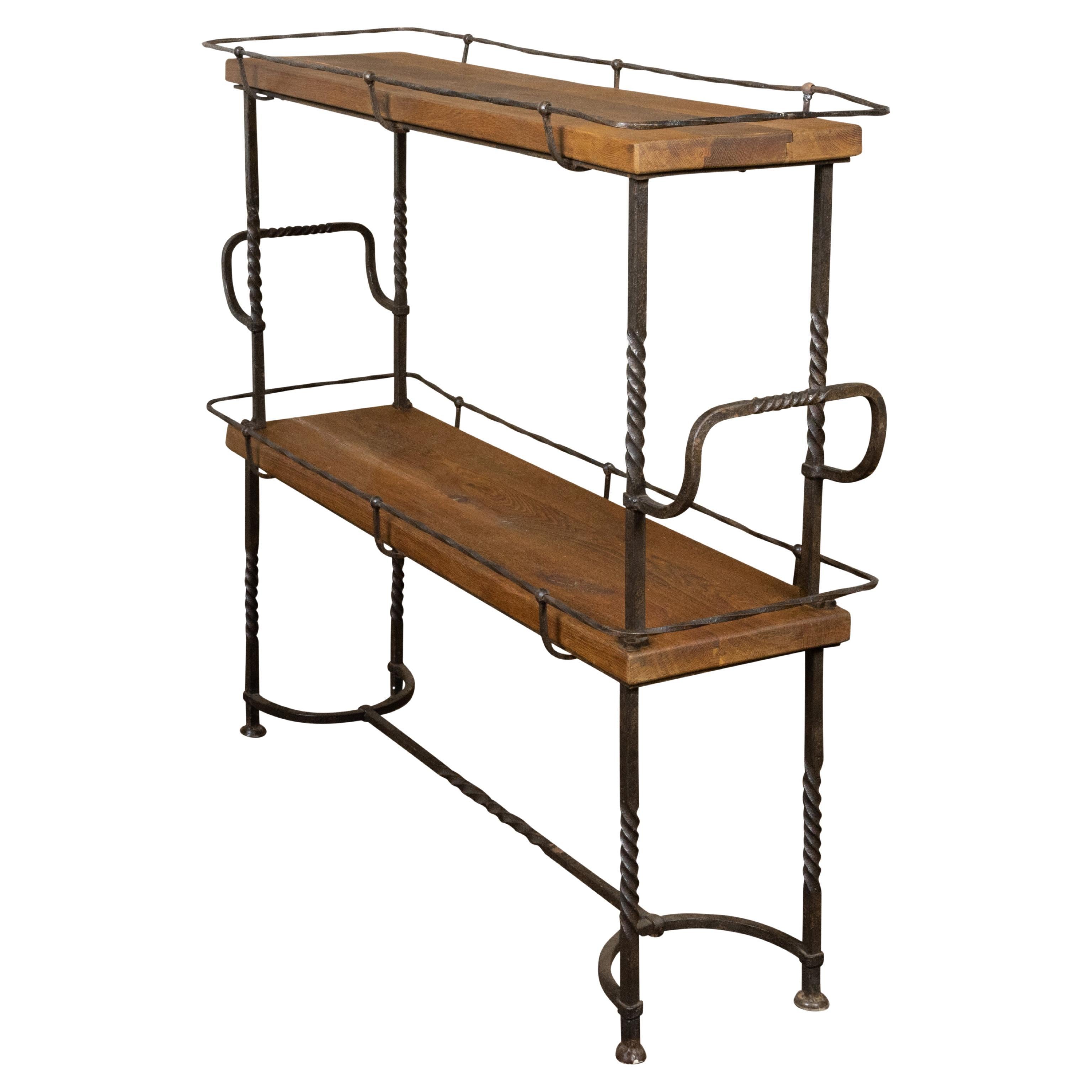 American Midcentury Metal and Wood Two-Tiered Shelving Unit with Twisted Motifs