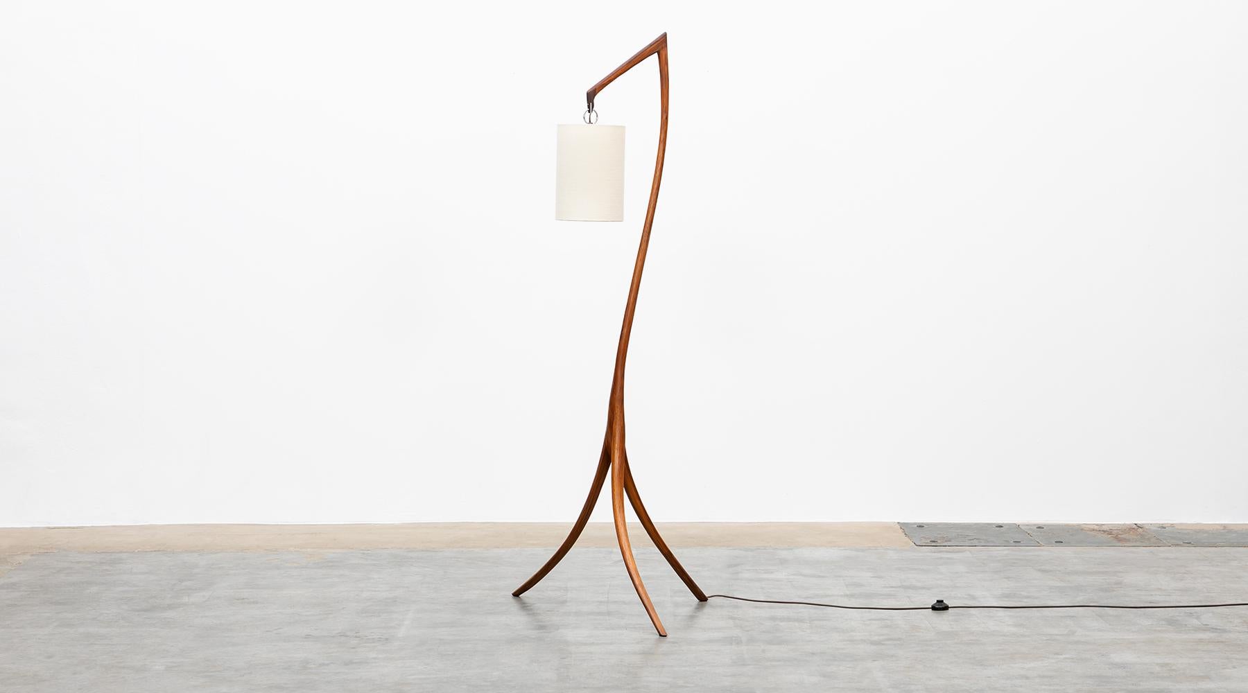 Wood American Mid-Century Modern Pair of Floor Lamps in Walnut and Linen