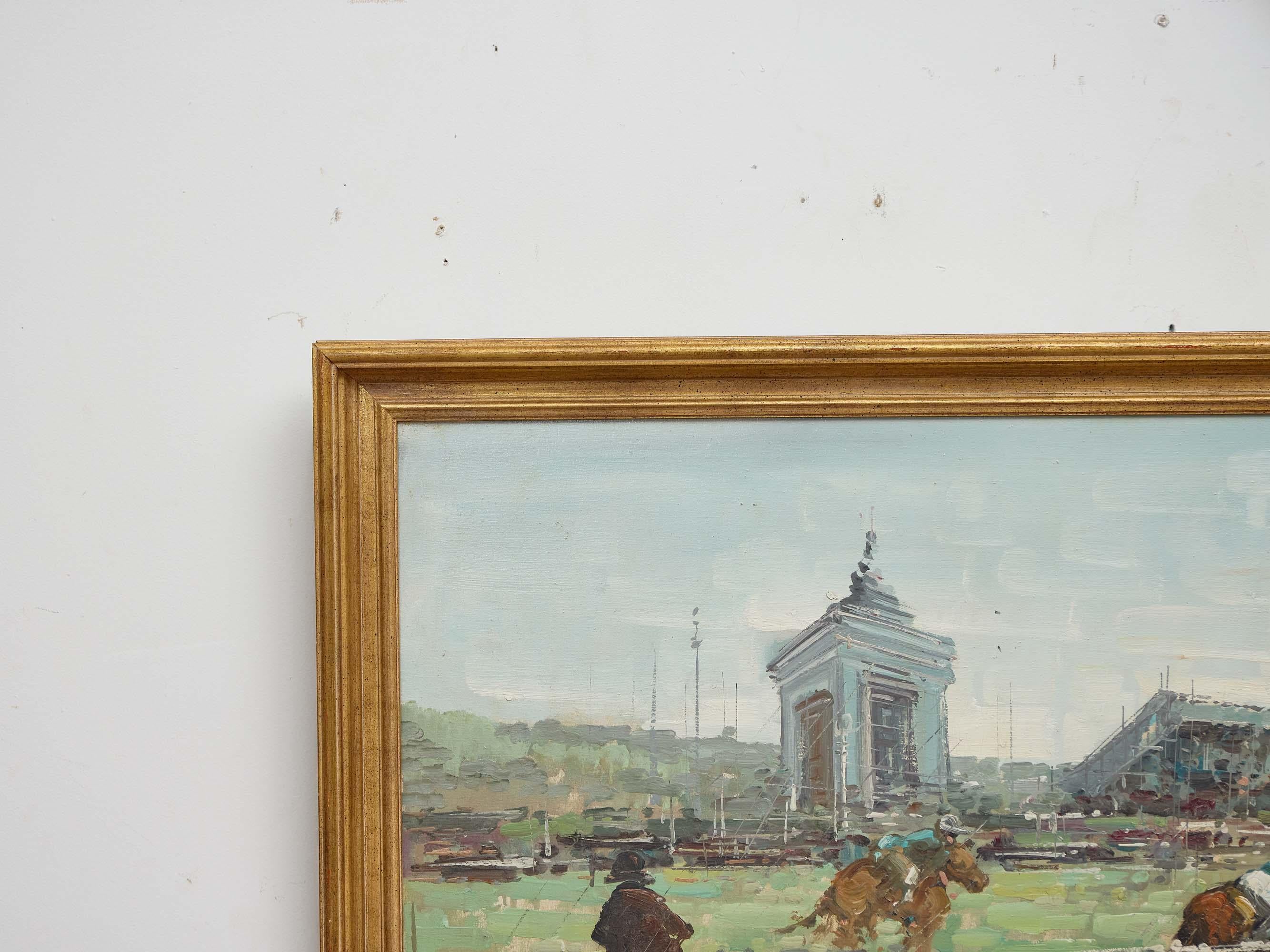 Mid-Century moderno Quadro a olio americano di metà secolo raffigurante una scena di corse di cavalli con cornice originale in vendita