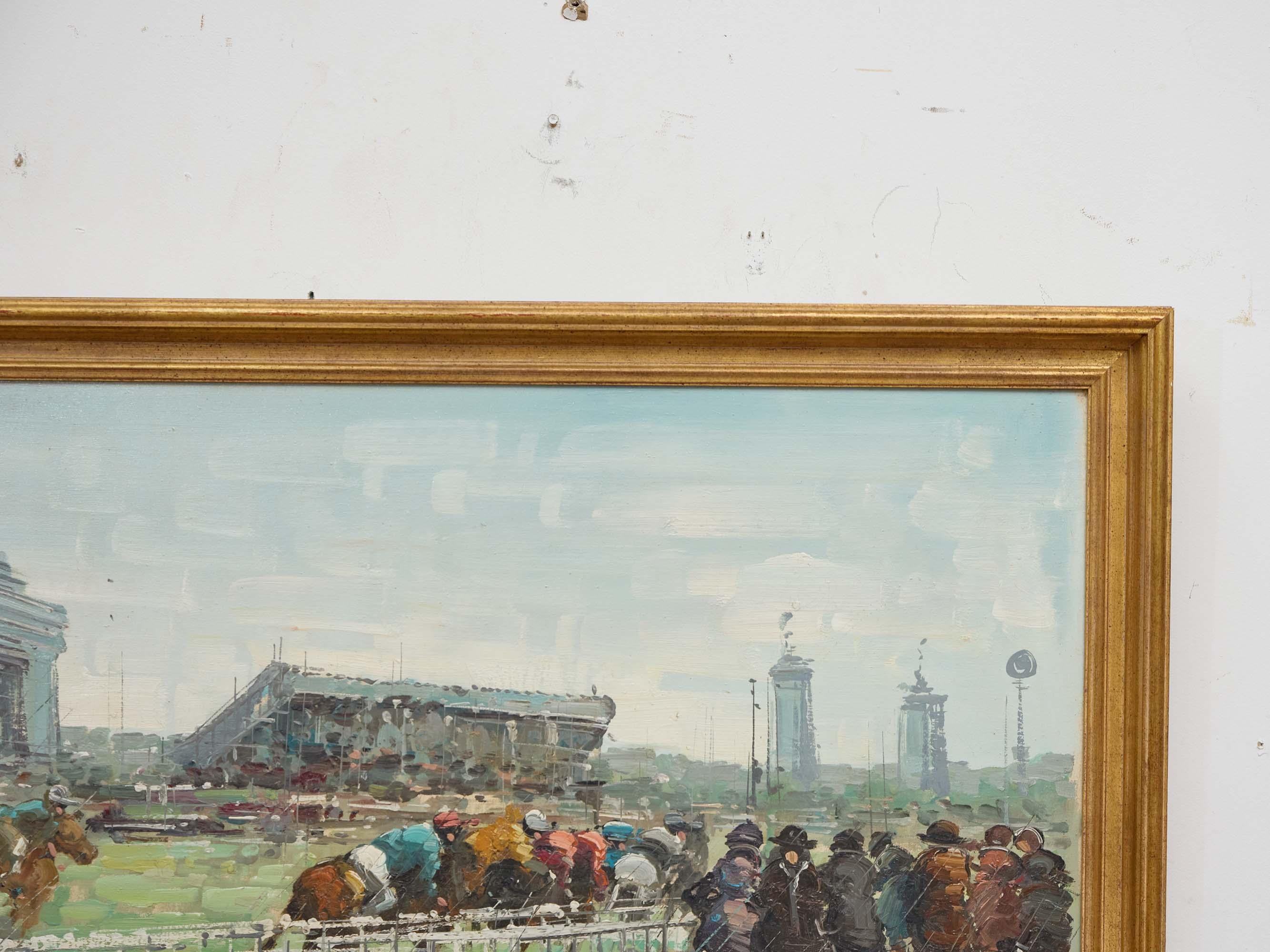 Americano Quadro a olio americano di metà secolo raffigurante una scena di corse di cavalli con cornice originale in vendita