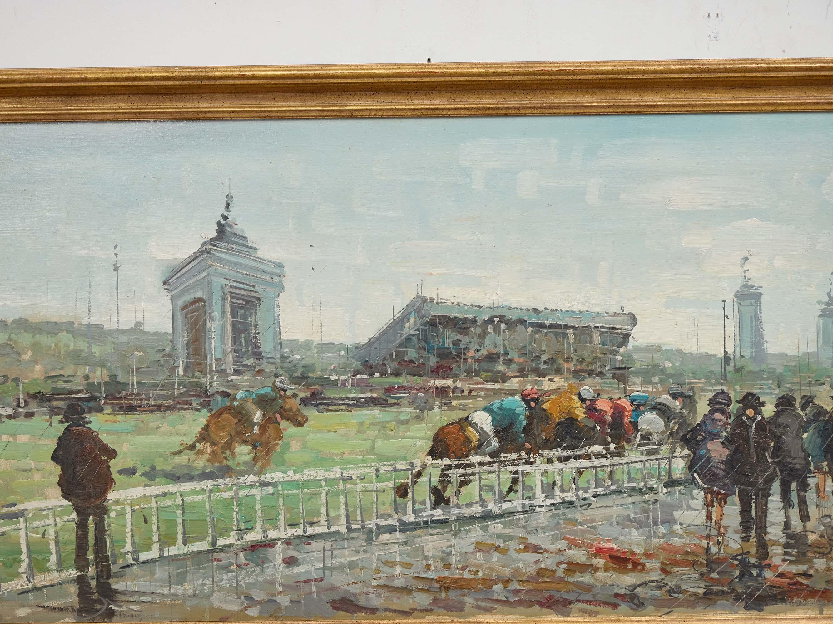 Quadro a olio americano di metà secolo raffigurante una scena di corse di cavalli con cornice originale In condizioni buone in vendita a Atlanta, GA