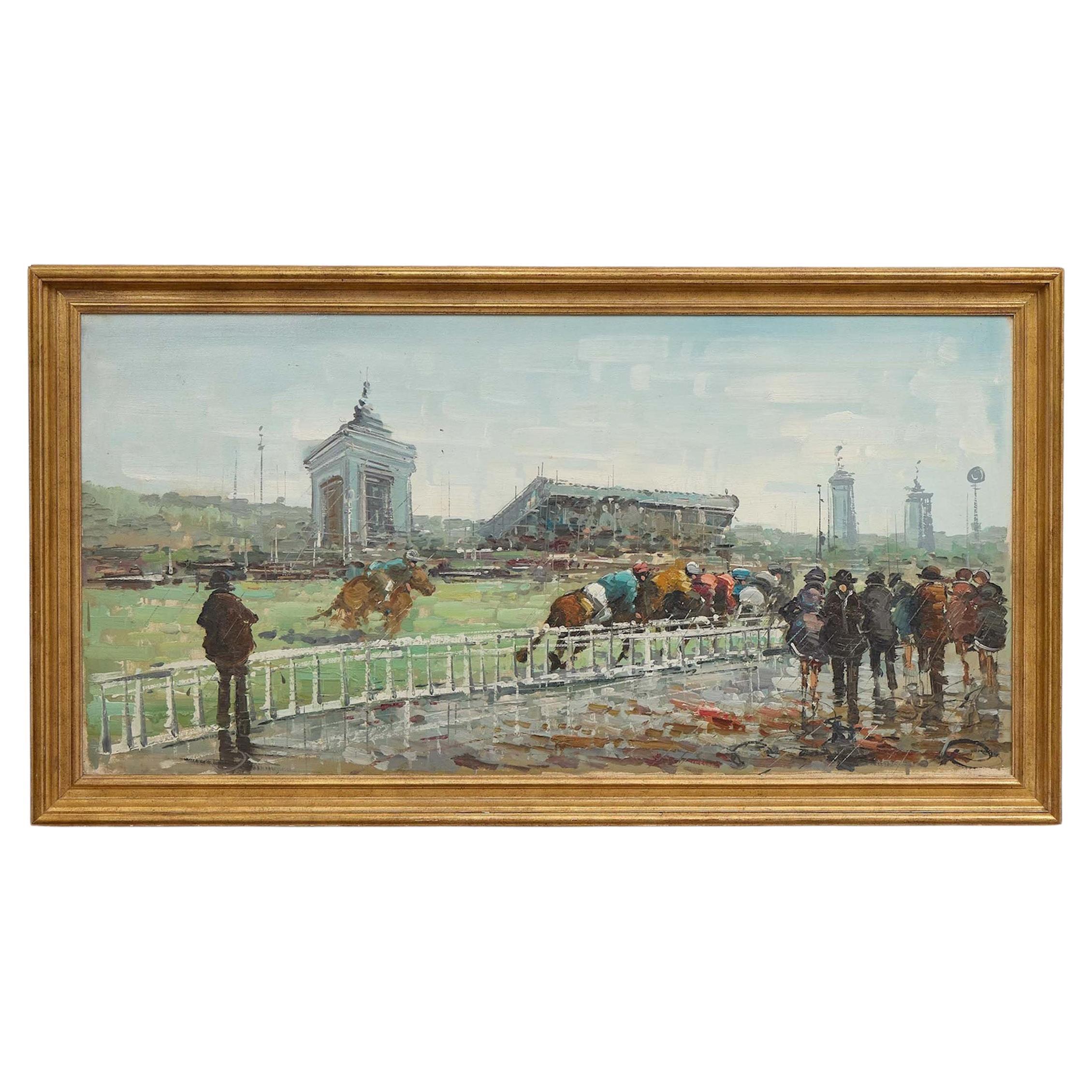 Quadro a olio americano di metà secolo raffigurante una scena di corse di cavalli con cornice originale in vendita