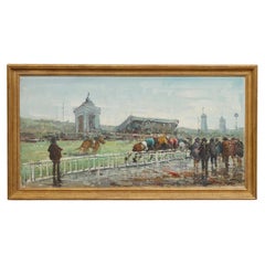 Quadro a olio americano di metà secolo raffigurante una scena di corse di cavalli con cornice originale