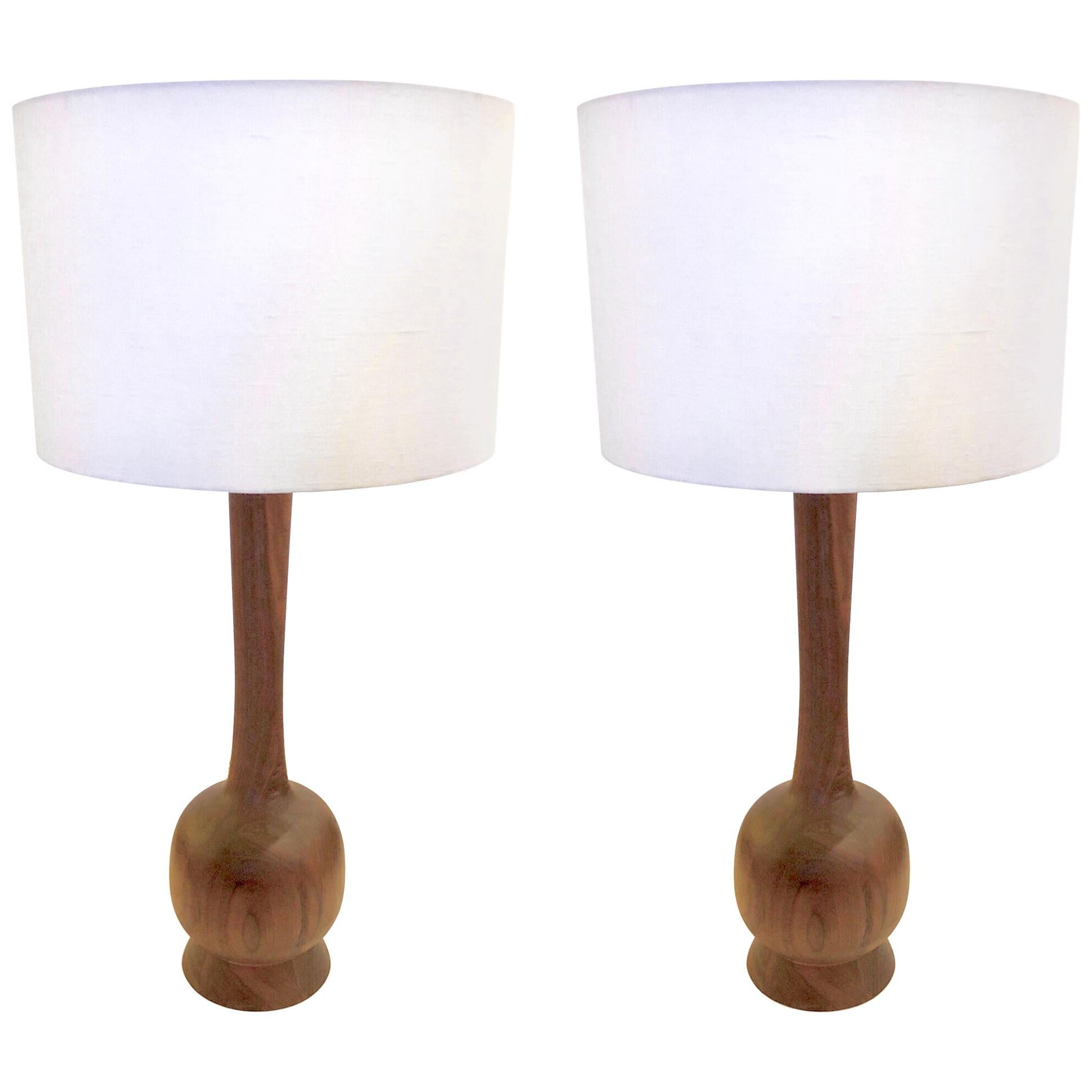 American Midcentury Solid Walnut Pair of Tall Lamps