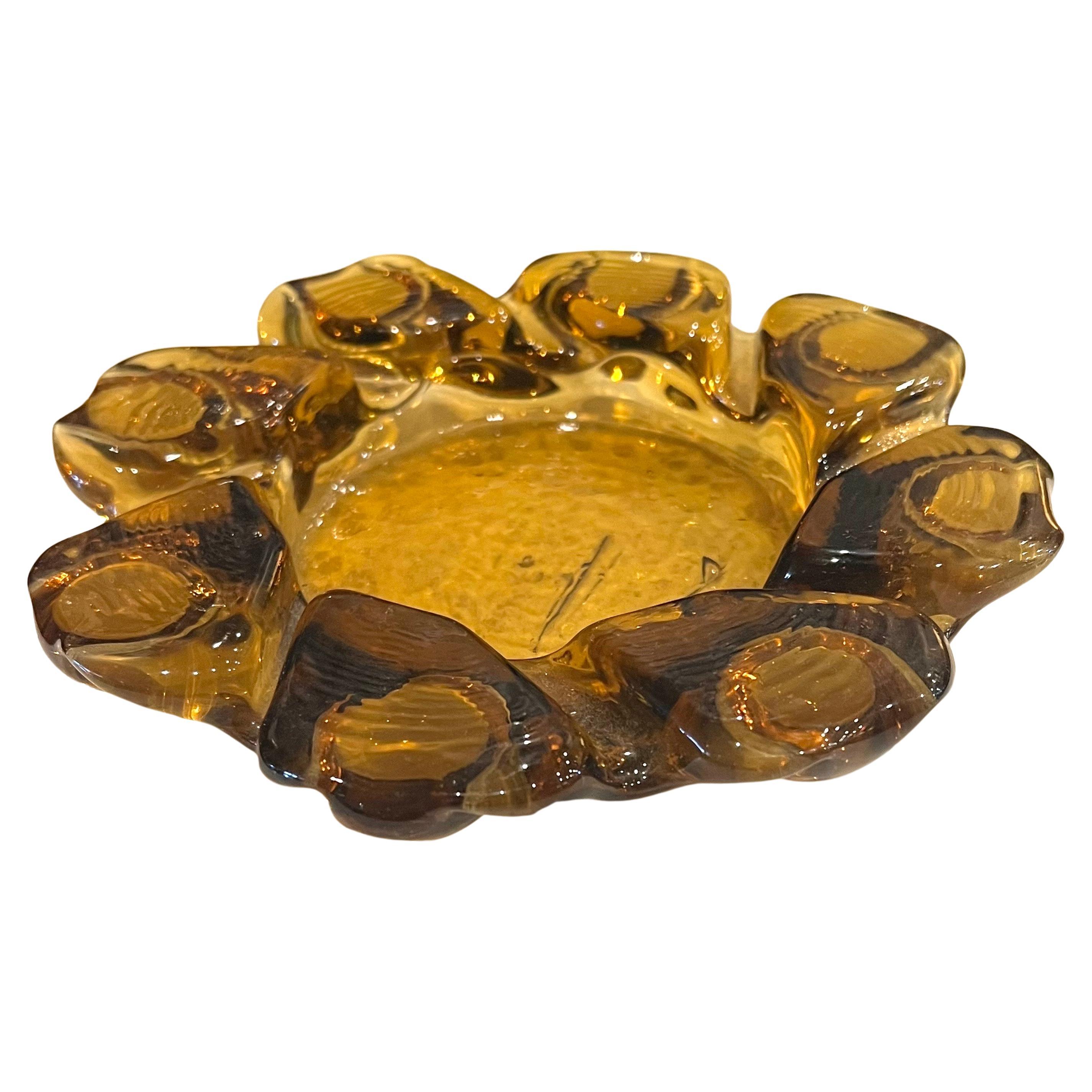 Mid-Century Modern American Midcentury Textured Amber Glass Ashtray Brutalist For Sale