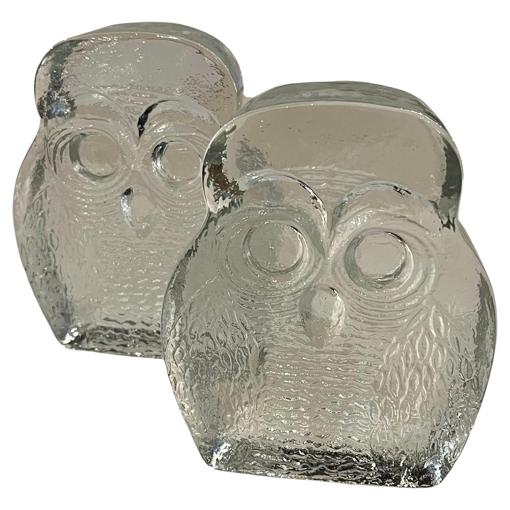 American Midcentury Textured Glass Owl Bookends by Blenko For Sale