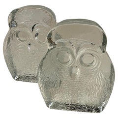 Vintage American Midcentury Textured Glass Owl Bookends by Blenko