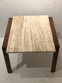 American Midcentury Walnut and Traventine End/Cocktail Table by Gunlocke