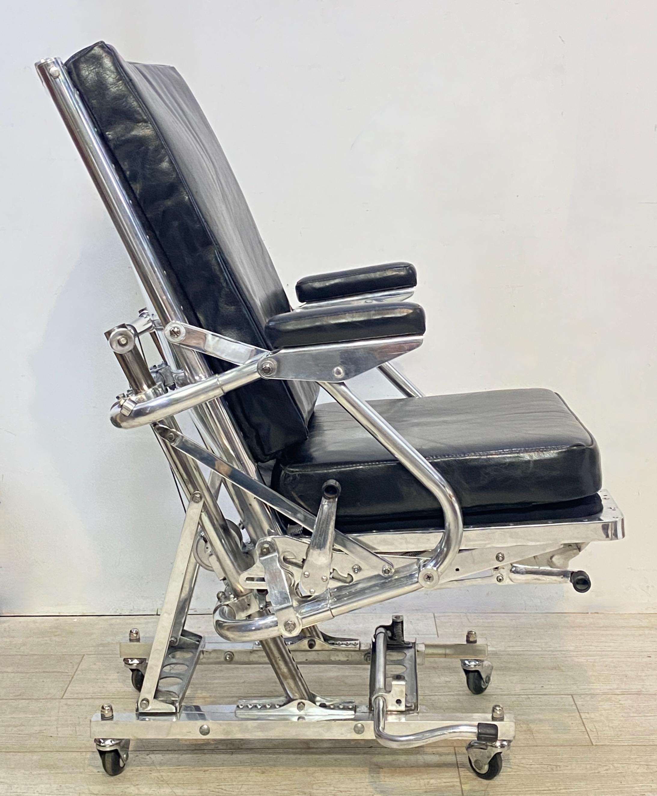 Space age hyper-modern aluminum and steel aircraft chair. Extremely comfortable and needless to say very sturdy and durable. Was originally coated in paint. Now professionally polished and upholstered in black leather.
Mid 20th century.