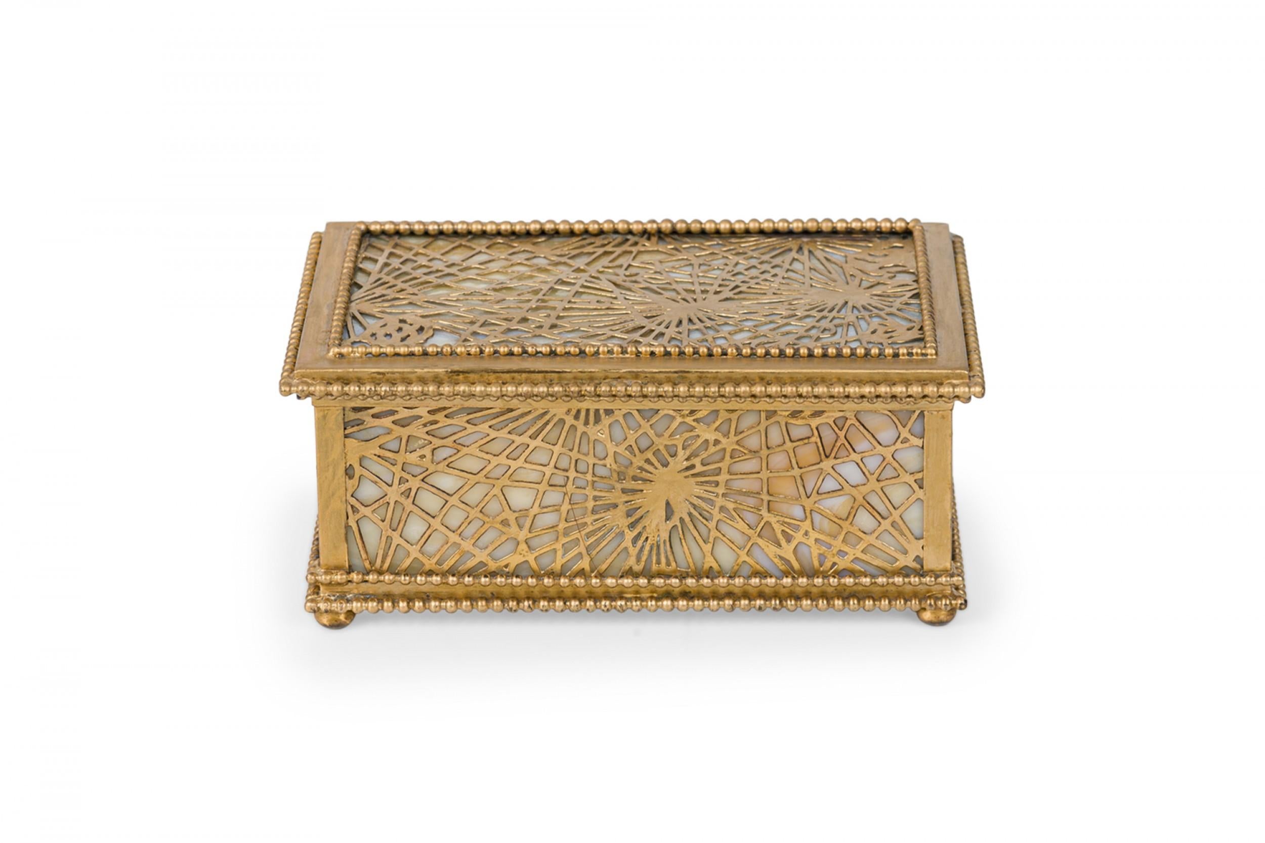 American Mission Tiffany rectangular bronze spider web filigree box with glass panel interior