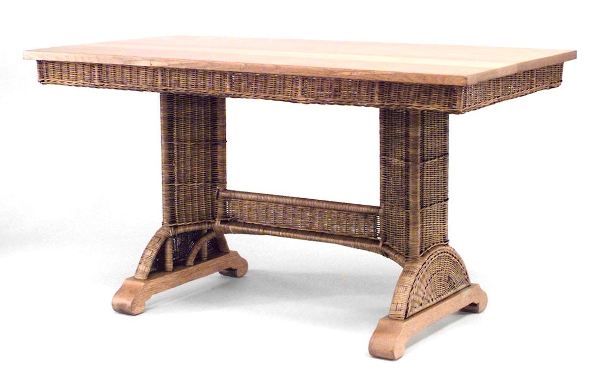 American Mission natural wicker / library table desk with oak top & feet with woven wicker pedestal sides, apron, & stretcher (attributed to HEYWOOD WAKEFIELD)
