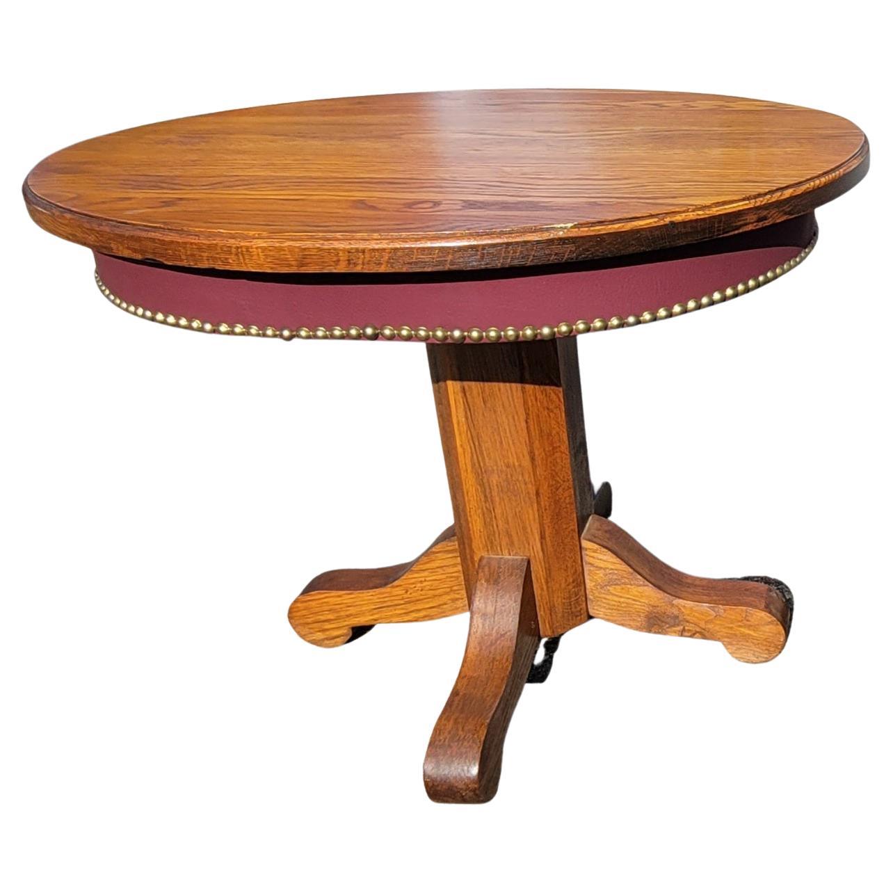 American Classical American Mission Oak Pedestal Oval Side Tables W Leatherette Nail Trim Apron For Sale