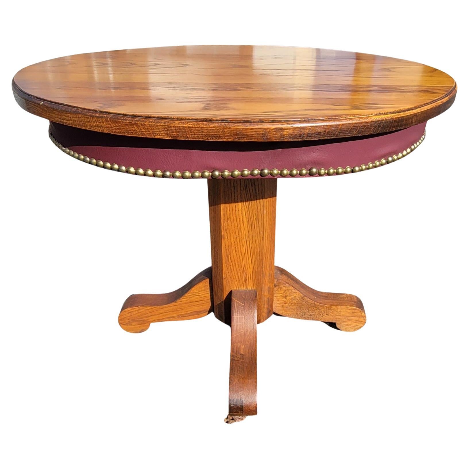 Woodwork American Mission Oak Pedestal Oval Side Tables W Leatherette Nail Trim Apron For Sale