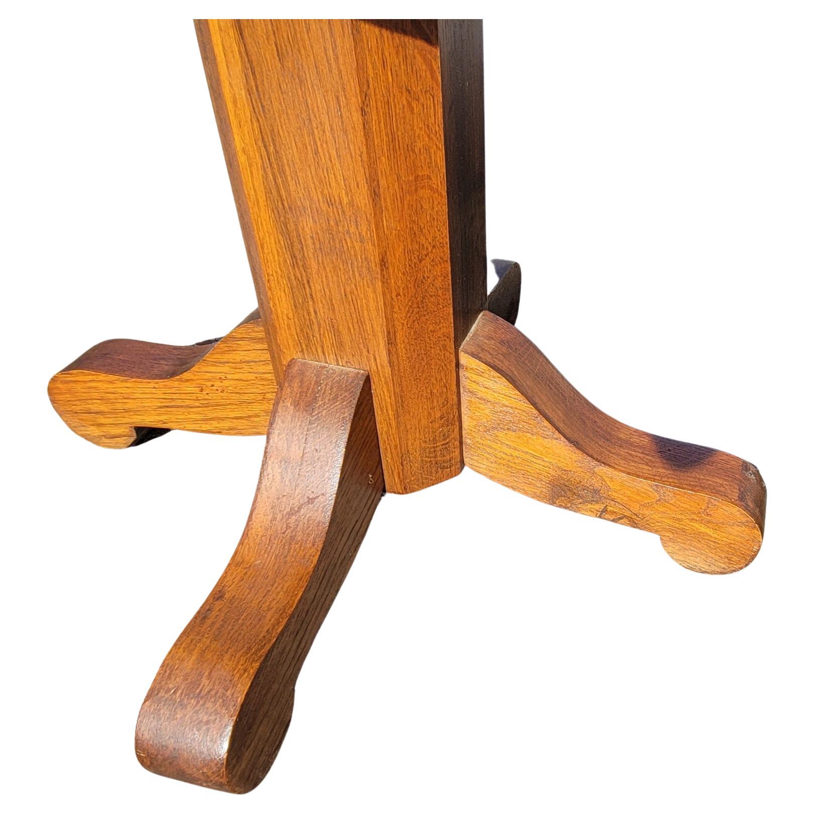 Brass American Mission Oak Pedestal Oval Side Tables W Leatherette Nail Trim Apron For Sale