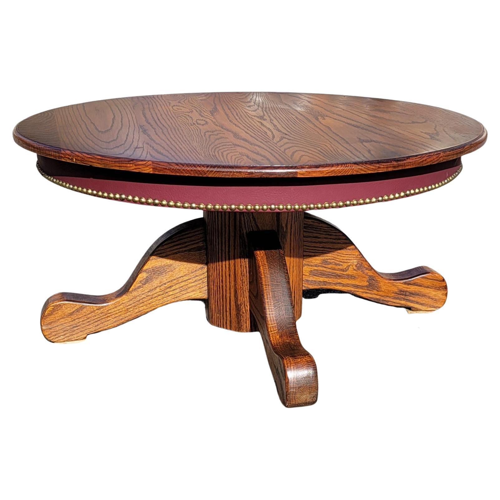 American Classical American Mission Oak Pedestal RoundCocktail Table w Leatherette Nail Trim Apron For Sale