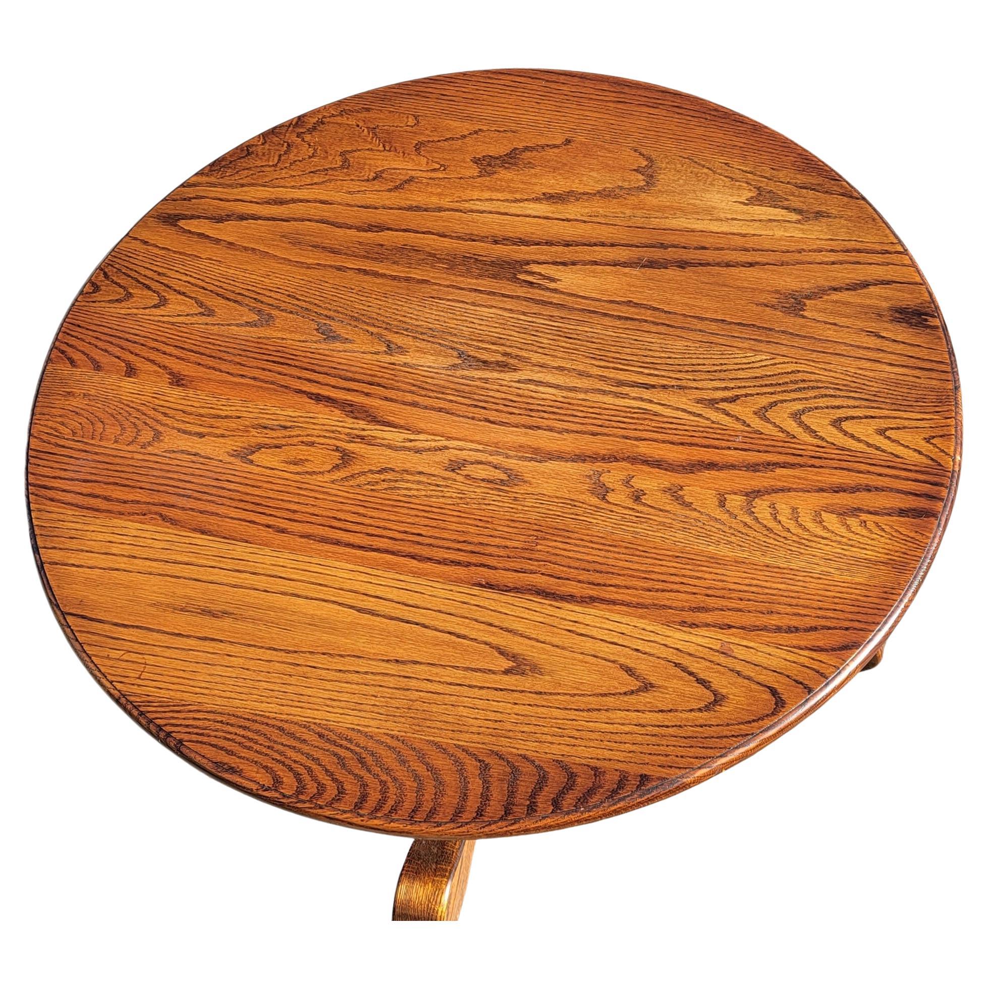 Woodwork American Mission Oak Pedestal RoundCocktail Table w Leatherette Nail Trim Apron For Sale