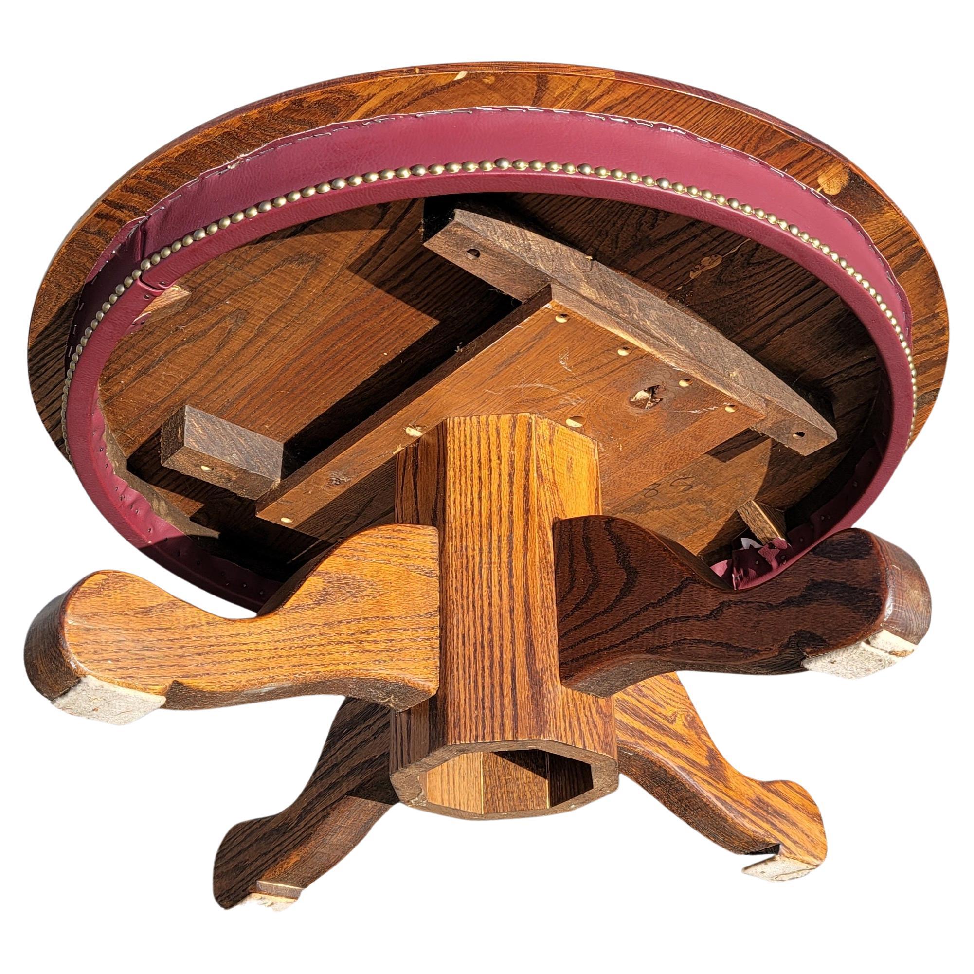 20th Century American Mission Oak Pedestal RoundCocktail Table w Leatherette Nail Trim Apron For Sale