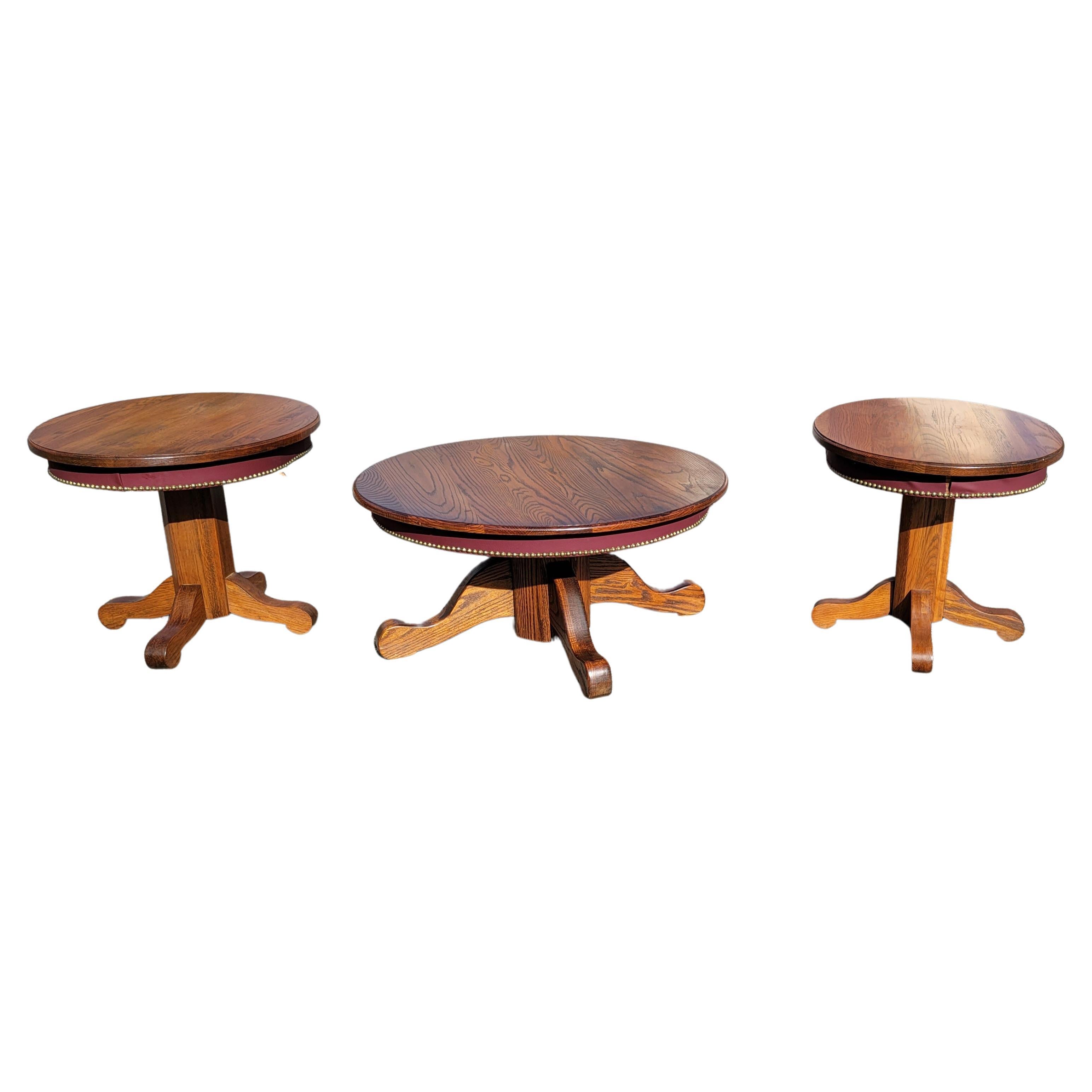 Brass American Mission Oak Pedestal RoundCocktail Table w Leatherette Nail Trim Apron For Sale