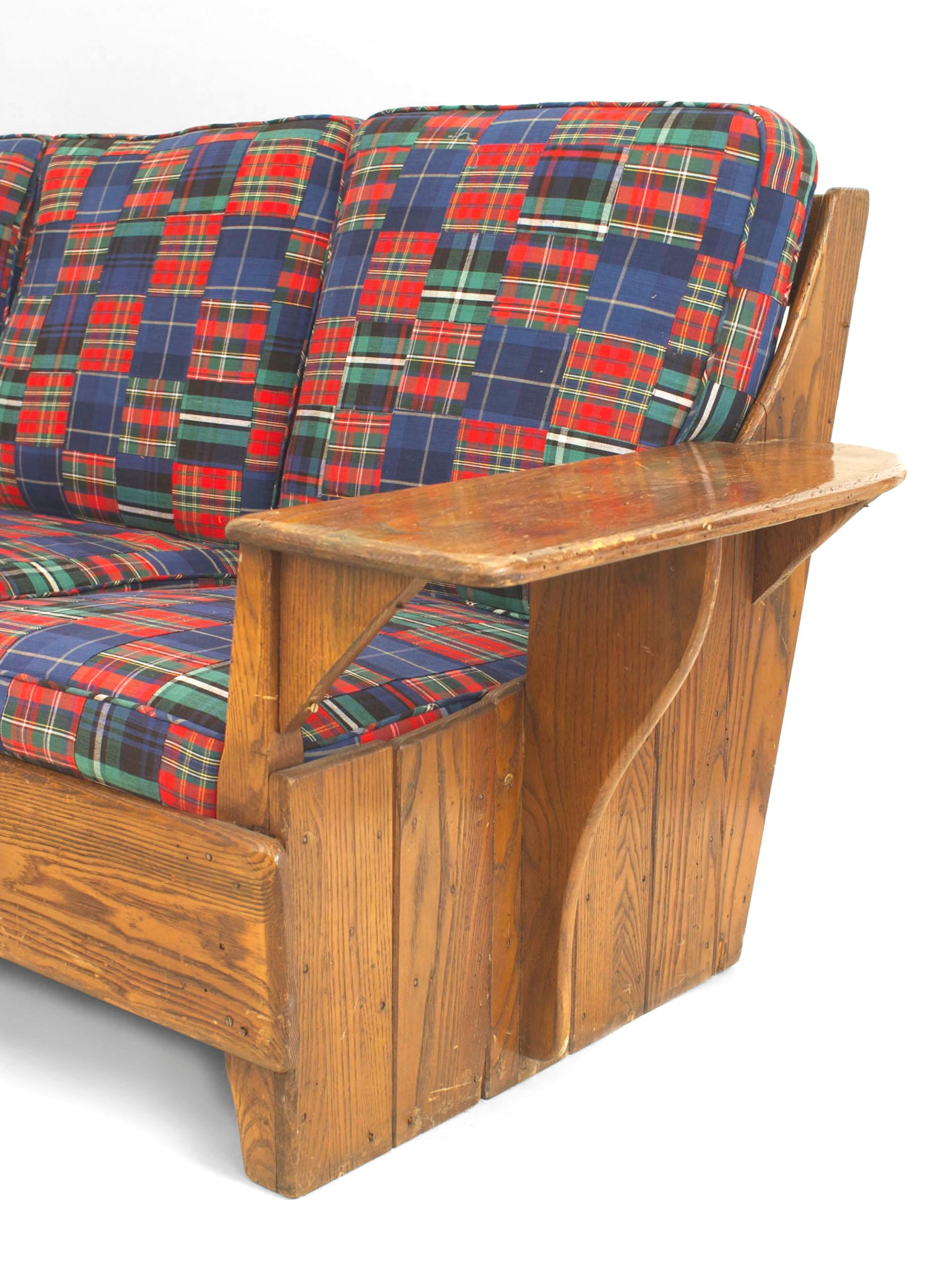 American Rustic Old Hickory Mission style settee with wide flat panel arms & a slat back having 6 plaid upholstered cushions. (American Provincial label; OLD HICKORY brand) Lg. arm: 060718, 2 tub arms: 060719, 2 HB. arm: 060720
