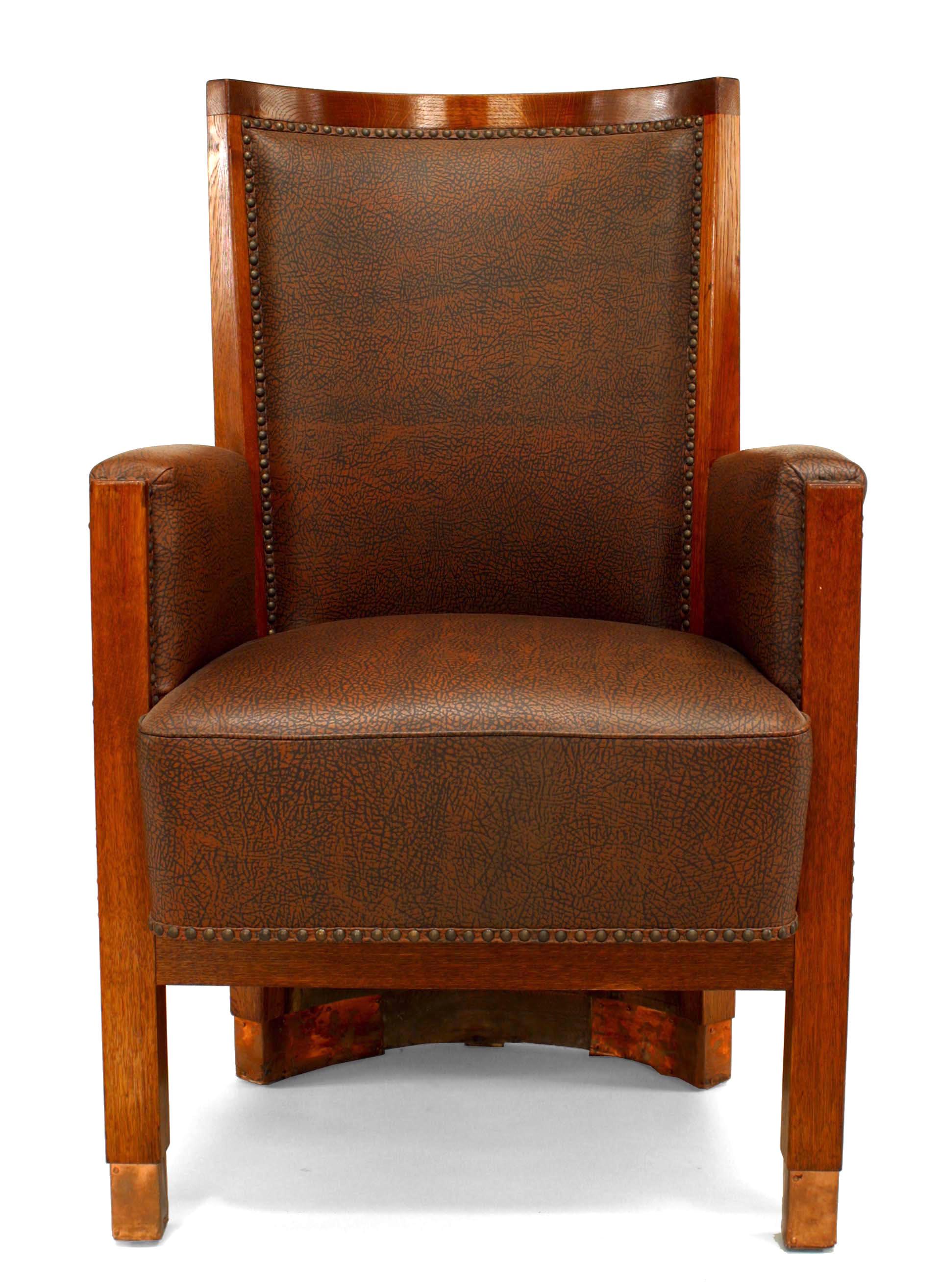 Three American Mission style (19th-20th century) stained oak barrel back armchairs with solid wood back and copper trim with leather upholstered seat and back (Priced Each).
  