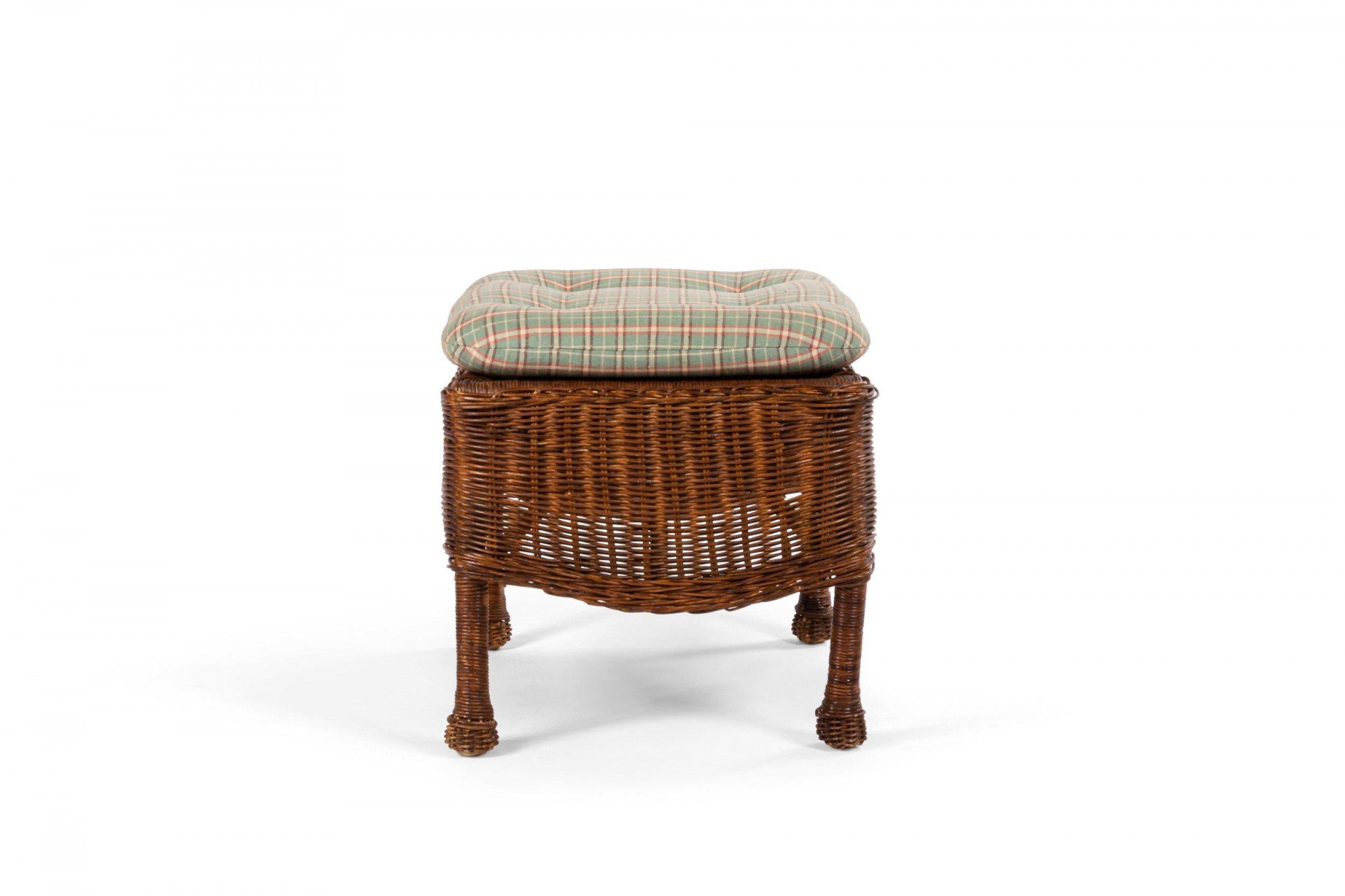 American Mission style natural wicker rectangular ottoman with an upholstered seat cushion.
 