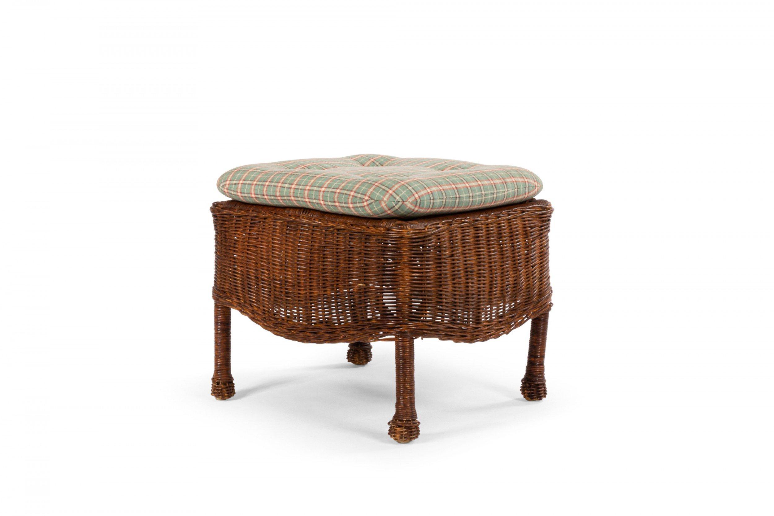 American Mission style natural wicker rectangular ottoman with an upholstered seat cushion.
   