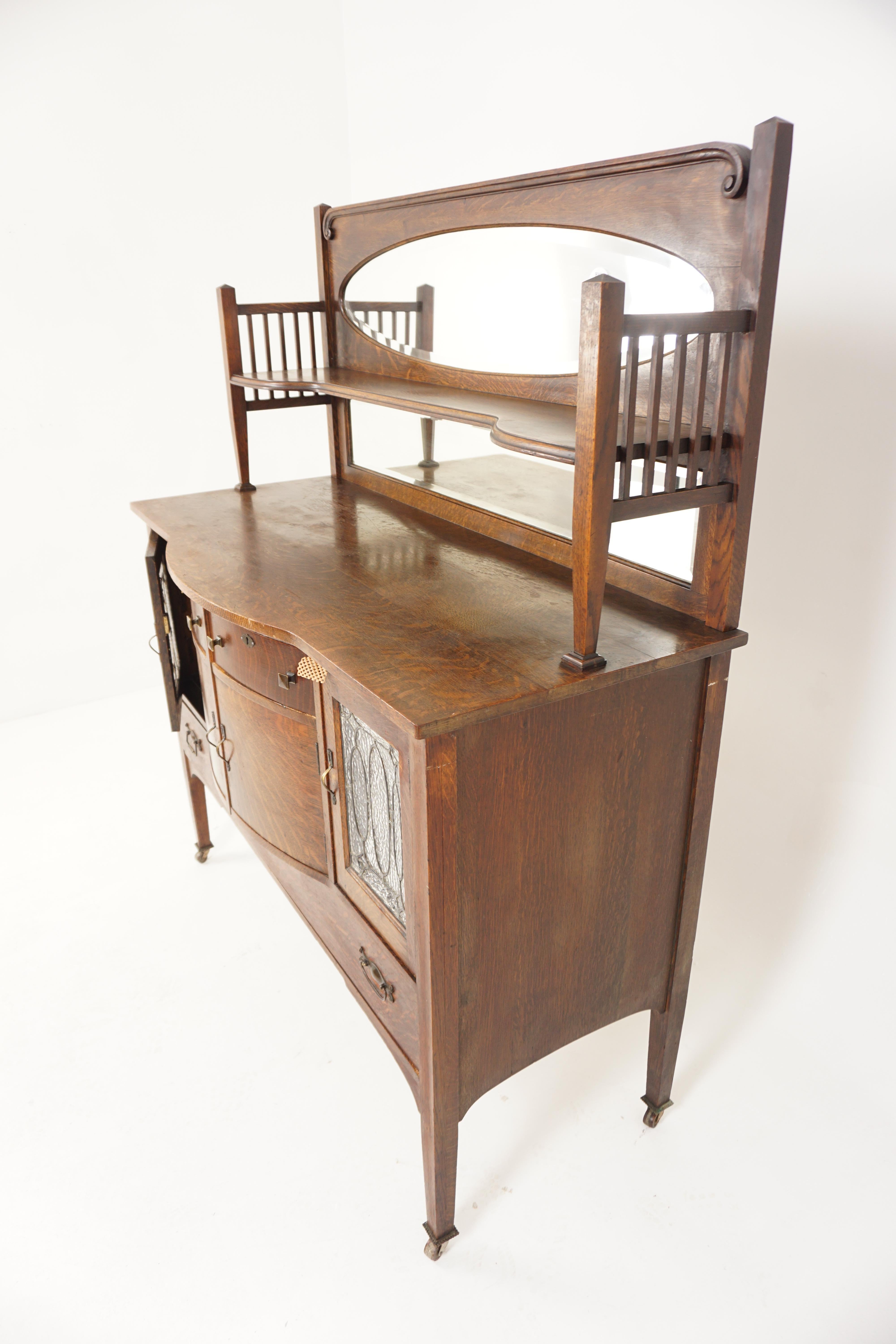 American Mission Tiger Oak Mirror Back Sideboard Leaded Glass, America 1910 H700 3