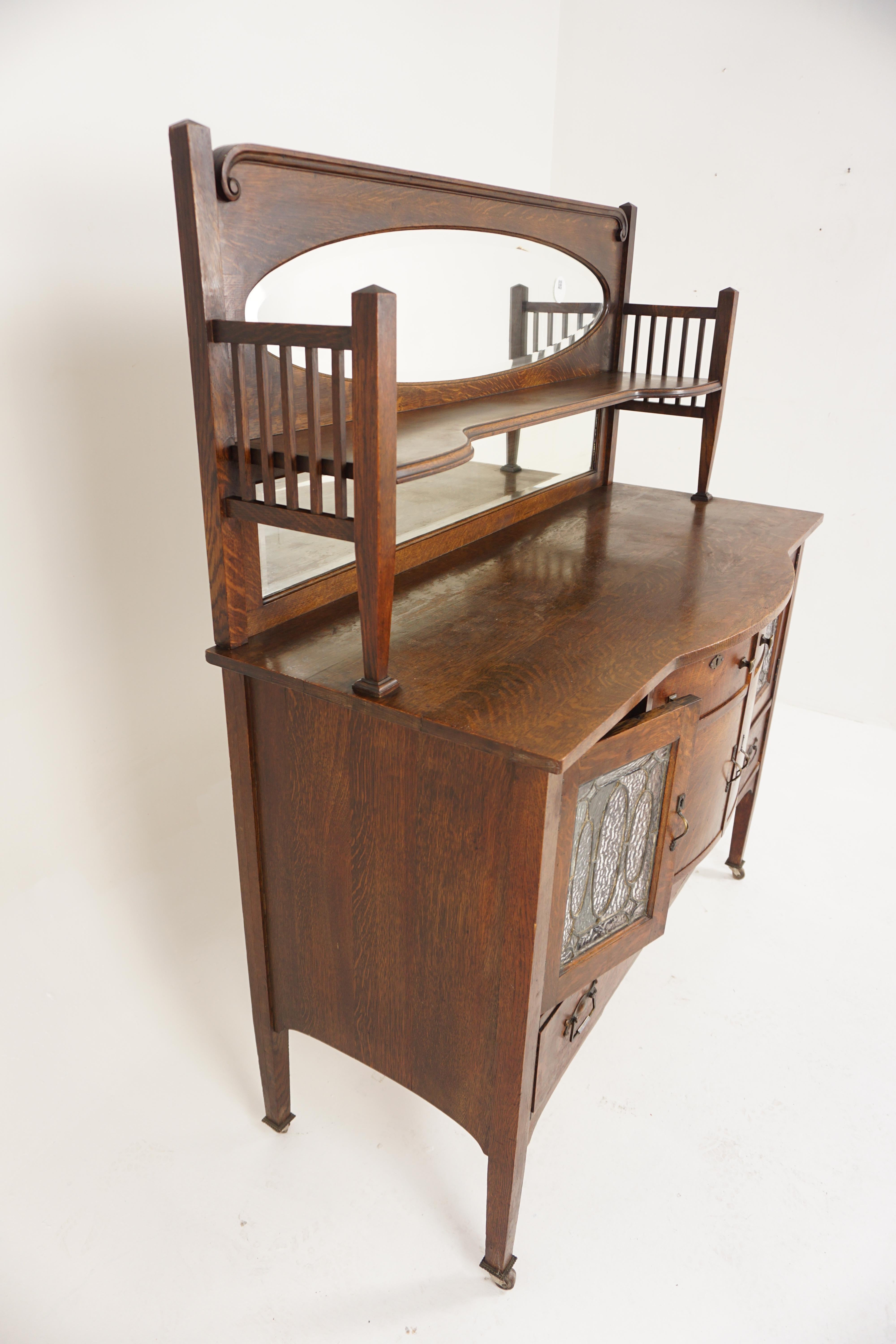 American Mission Tiger Oak Mirror Back Sideboard Leaded Glass, America 1910 H700 4