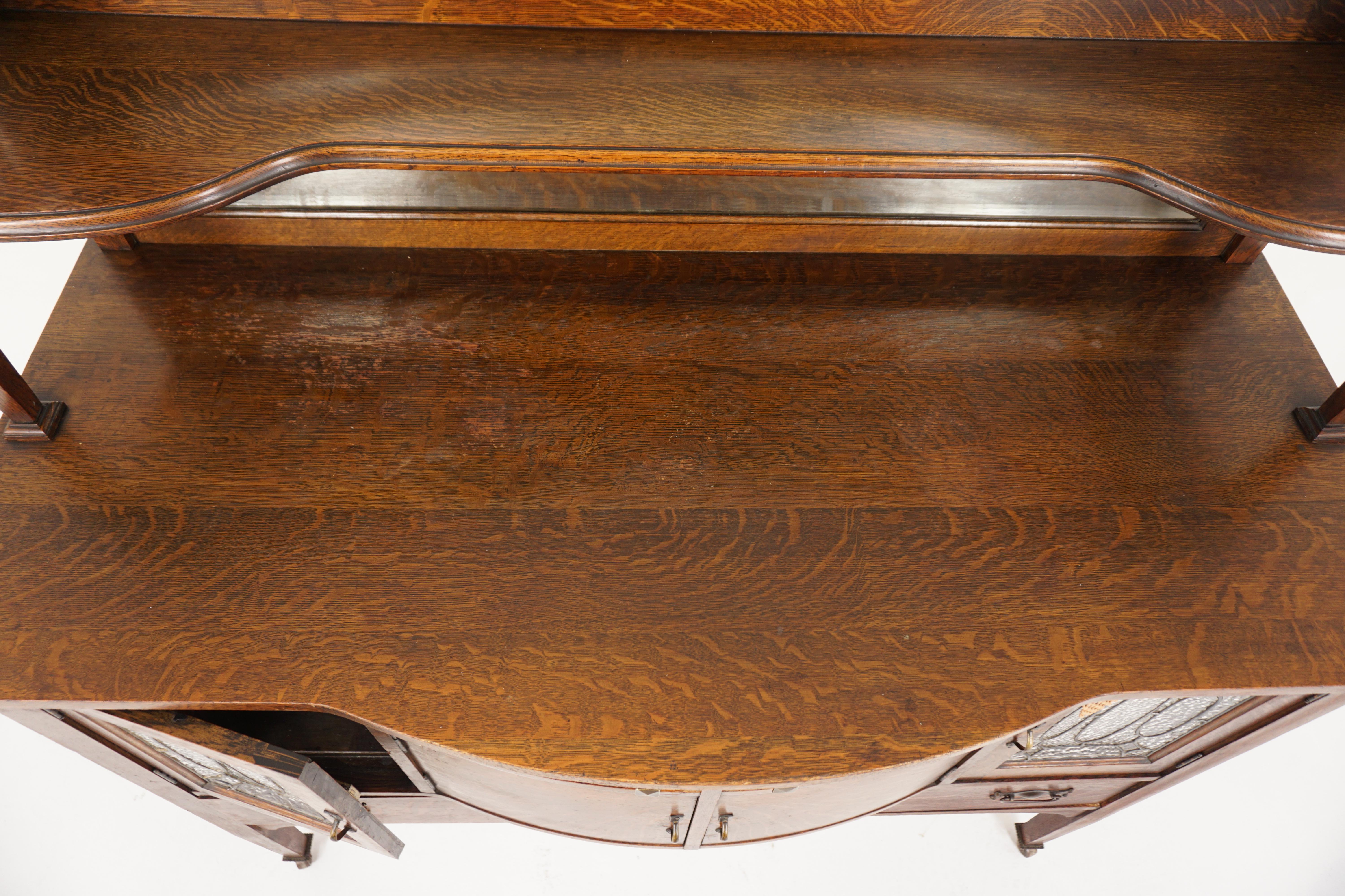 American Mission Tiger Oak Mirror Back Sideboard Leaded Glass, America 1910 H700 1
