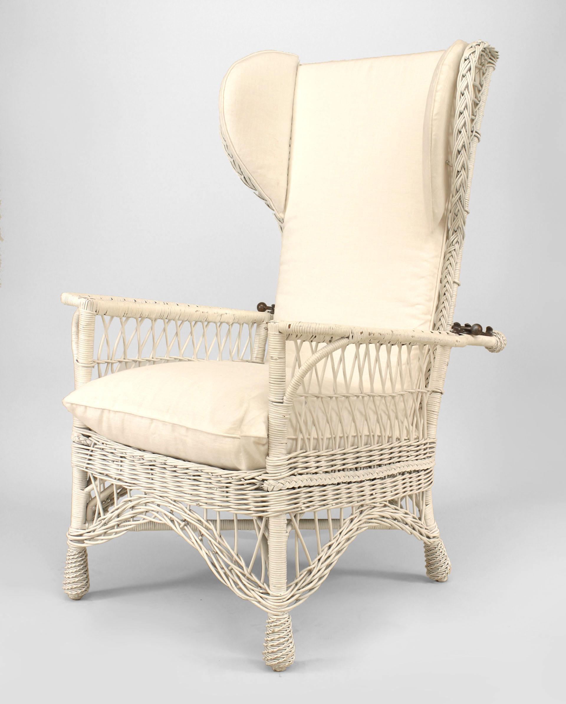 American Mission white painted wicker adjustable high back Morris chair with cushions.
