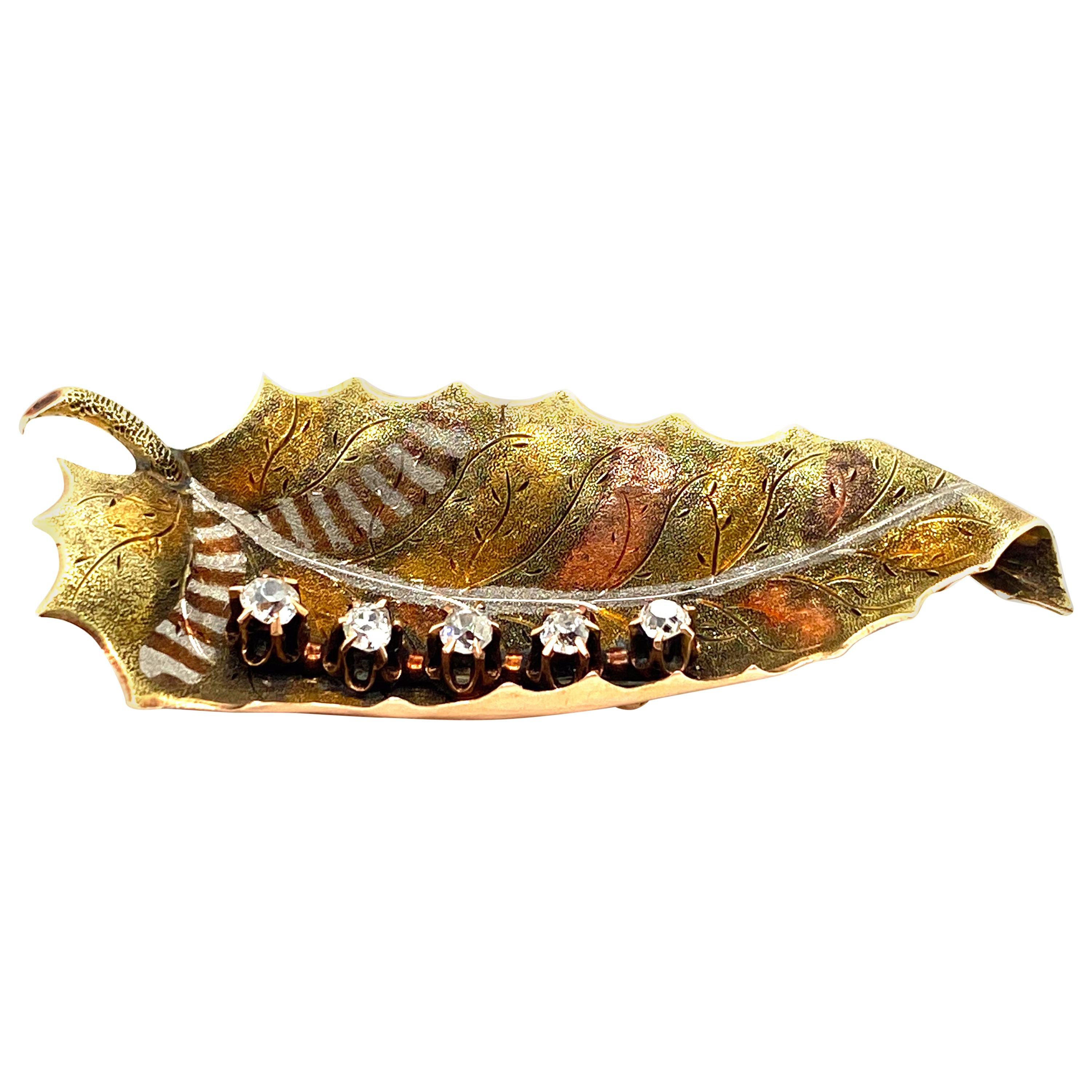 American Mixed Metals Multi-Toned Gold and Diamond Leaf Pin, circa 1900 For Sale