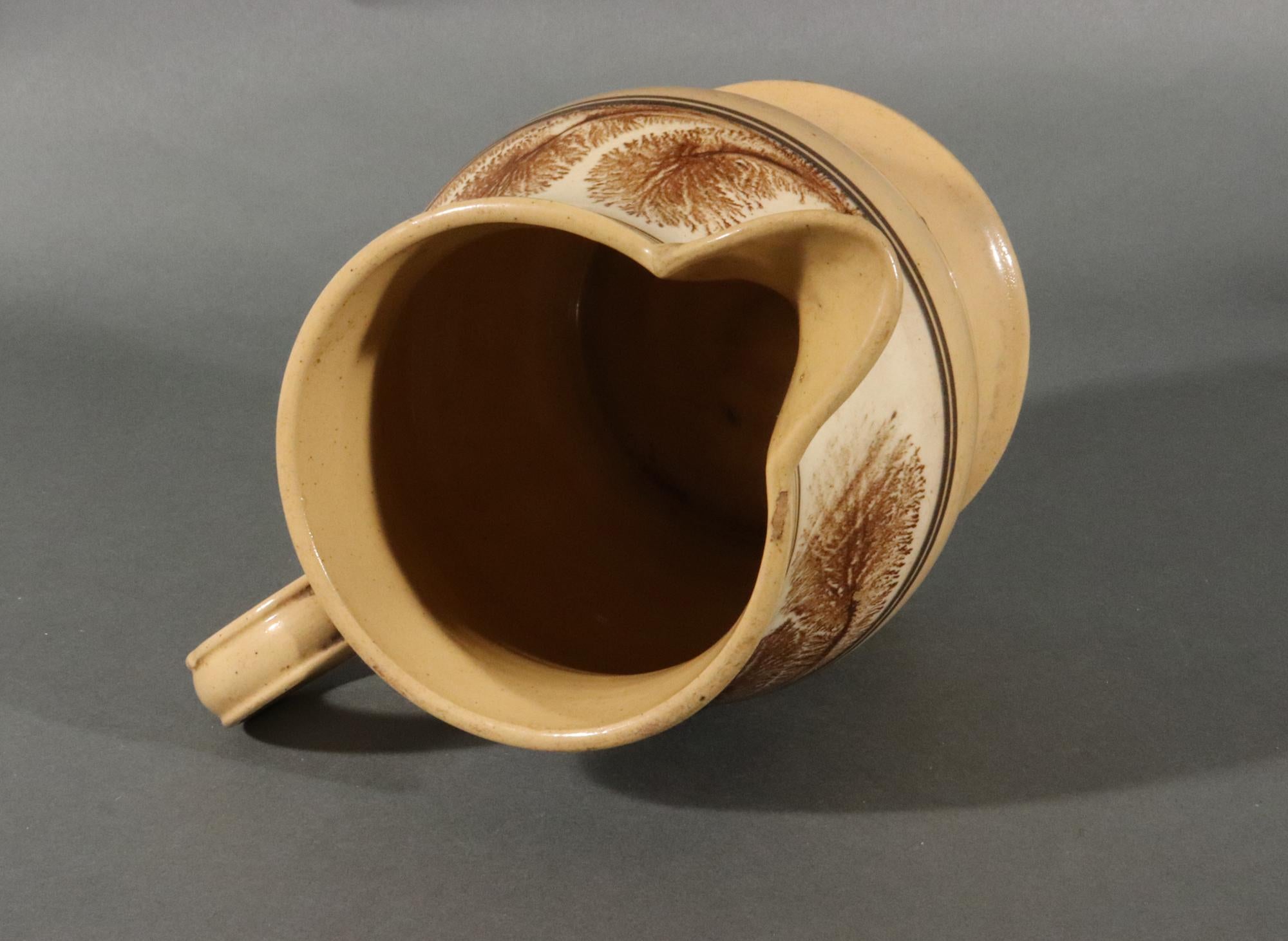 American Mocha Yellow Ware Jug with Puce Seaweed Decoration For Sale 4