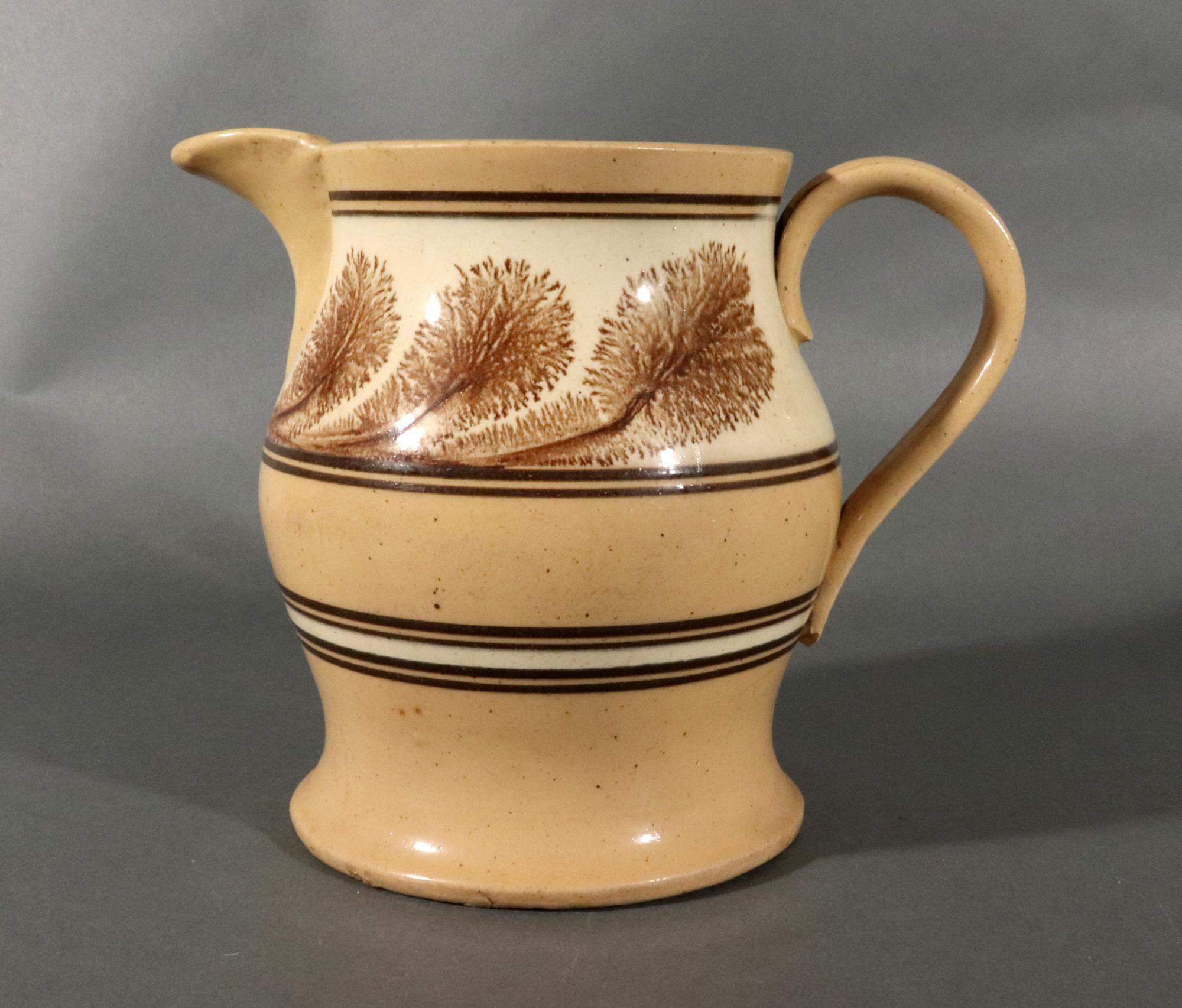 American Empire American Mocha Yellow Ware Jug with Puce Seaweed Decoration For Sale