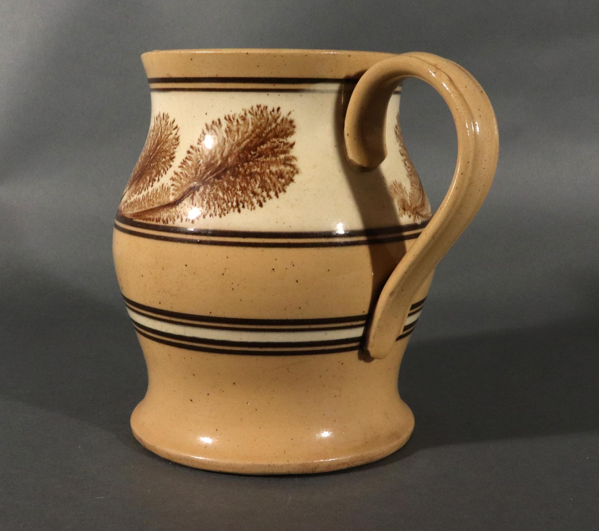 19th Century American Mocha Yellow Ware Jug with Puce Seaweed Decoration For Sale