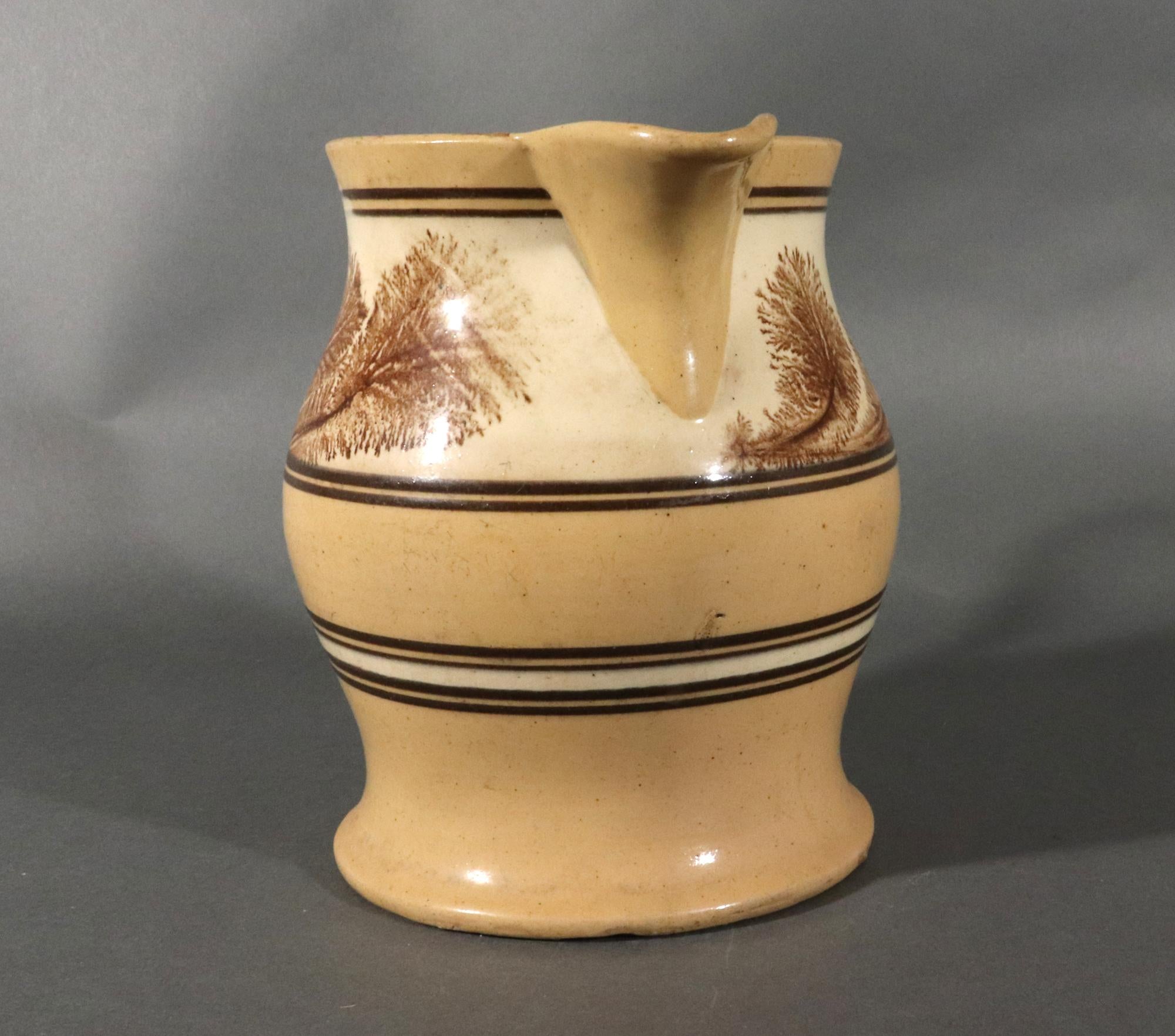 Pottery American Mocha Yellow Ware Jug with Puce Seaweed Decoration For Sale