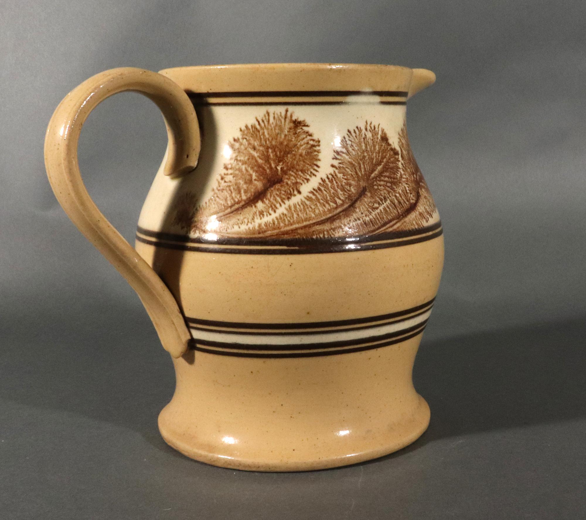 Pottery American Mocha Yellow Ware Jug with Puce Seaweed Decoration For Sale