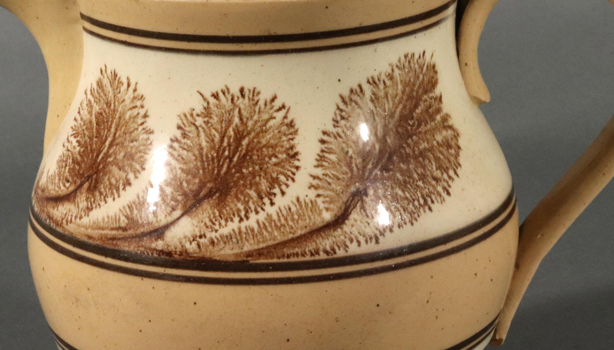 American Mocha Yellow Ware Jug with Puce Seaweed Decoration For Sale 1