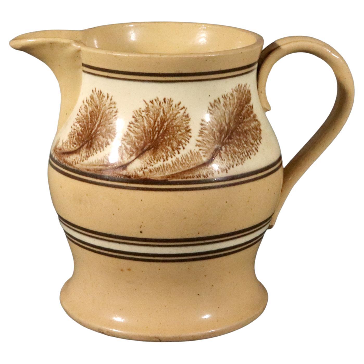 American Mocha Yellow Ware Jug with Puce Seaweed Decoration For Sale